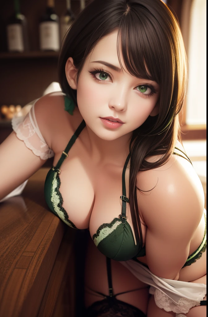 ultra-quality, ultla highres, Hyper Detailed, High contrast, Ultrafine Strike, creative refinement,A dark-haired,Green lingerie,ssmile,Green corset,Green Garter Belt,Show Pub, 60 years old