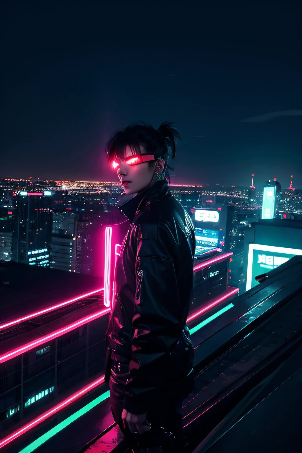 cyber punk perssonage，Rooftop，neon signs，the night