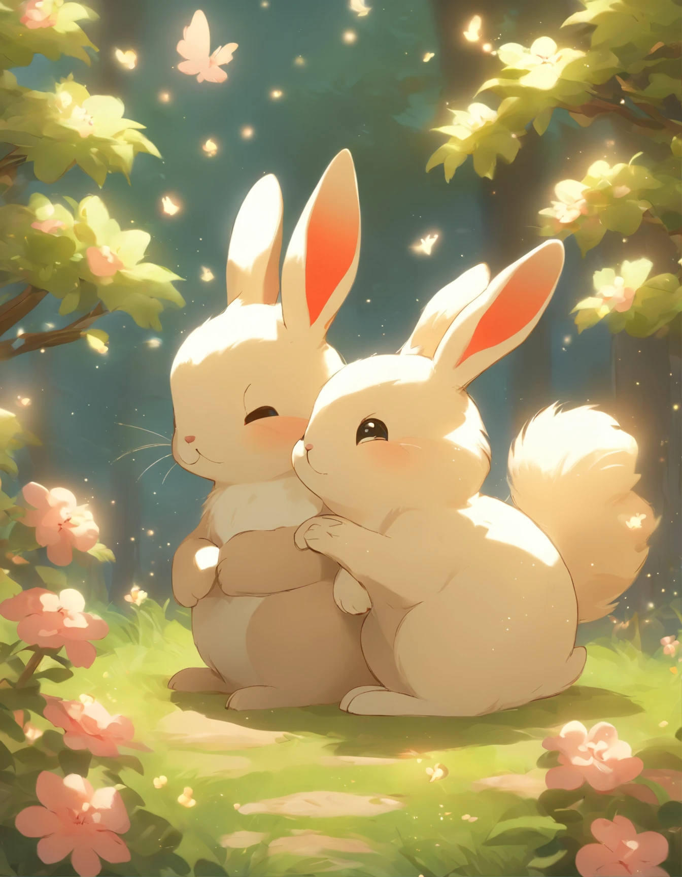 acorn ,  two cute rabbits,Ultra-detailed,Realistic:1.37,hight resolution,Vivid colors,Soft fur,fluffy tail,small pink nose,Sparkling eyes,rounded ears,chubby body,White and gray fur,Delicate peach blossoms,blooming flowers,green leafs,deep red and pink shades,Crispy mooncake with golden skin,mooncake decoration pattern,quiet and calm moonlit night,Peaceful and quiet atmosphere,The pale sunlight is gentle,Rabbits&#39; reverent gaze,Playful interaction between rabbits,The moonlight reflects on the fur,Subtle starry sky in the background,sense of harmony and balance,A sublime scene full of tenderness and beauty.