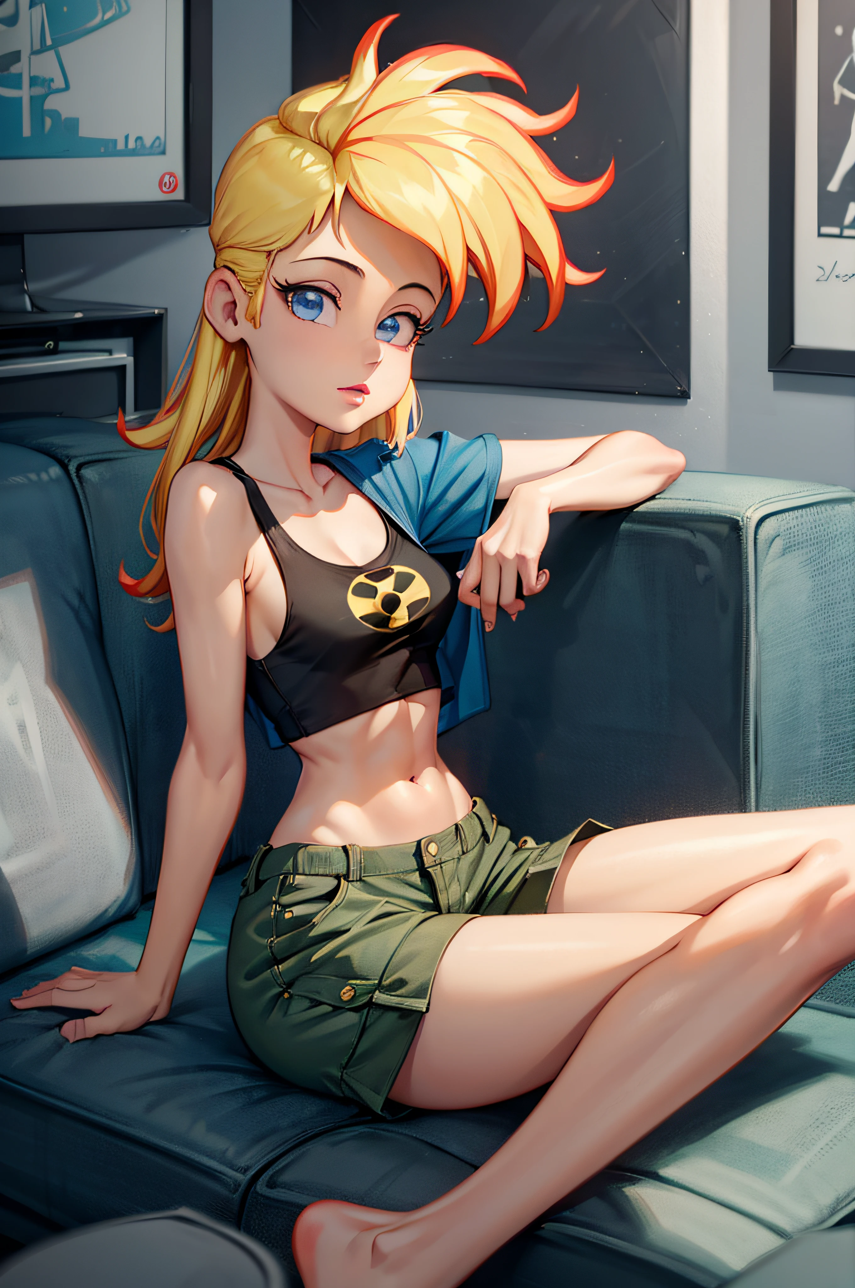 ((masterpiece, best quality)),(complex light),1girl, solo, portrait, jenny test, blonde hair,blue eyes, pants, running, midriff, open shirt, tank top, long hair, short sleeves shirt, looking at the viewer, sitting, barefoot