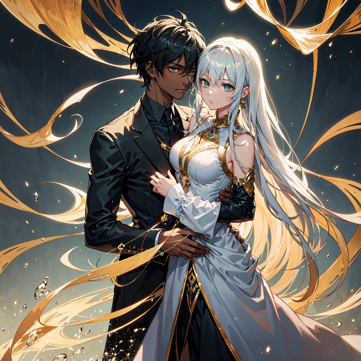 high quality,top quality,high detail,wallpaper,splash art,64k quality,1 boy dark skin,golden eyes,short black hair,wearing a noble black suit,holding the waist of a girl,with long blonde hair,green eyes,hands wrapped around his neck,wearing a white dress