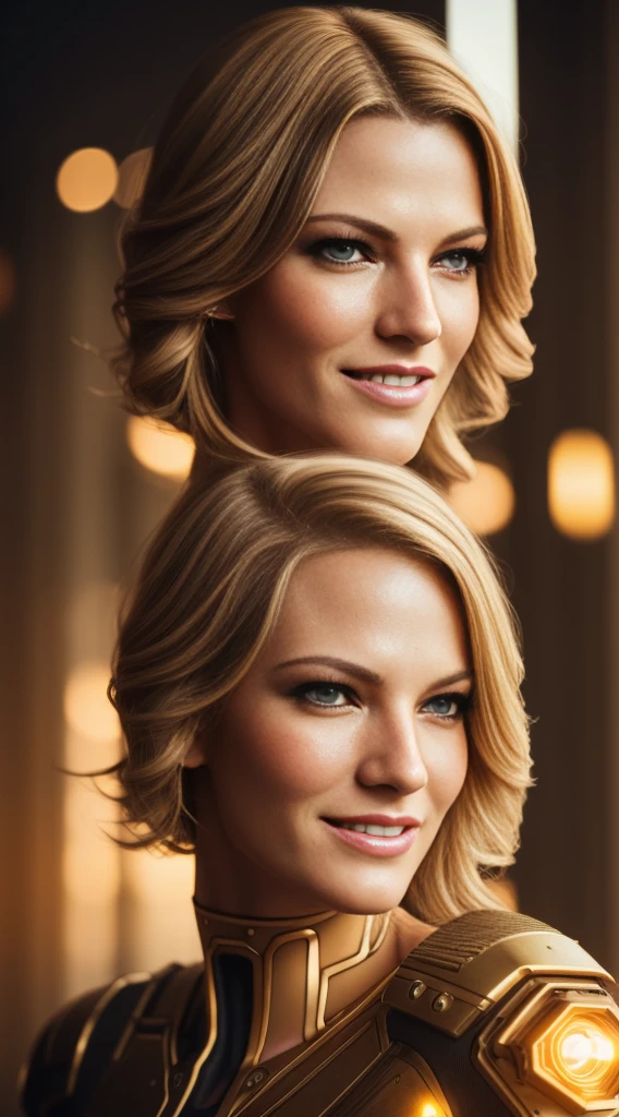 (Beautiful mature female (perfect face)), (Milla Jovovich:0.3), wicked smile, pale skin, (skin texture:1.1), (high detail sexy cyberpunk golden clothing), (high detail eyes:1.2), (looking at viewer), (golden hair), (long hairstyle), fit athletic body, cyberpunk city at night, raining, (masterpiece), (photorealistic:1.4), RAW photo, best quality, high res, rich colors, backlight, cinematic lighting, film grain, raw photo, 50mm lens, Nikon D850, warm colors