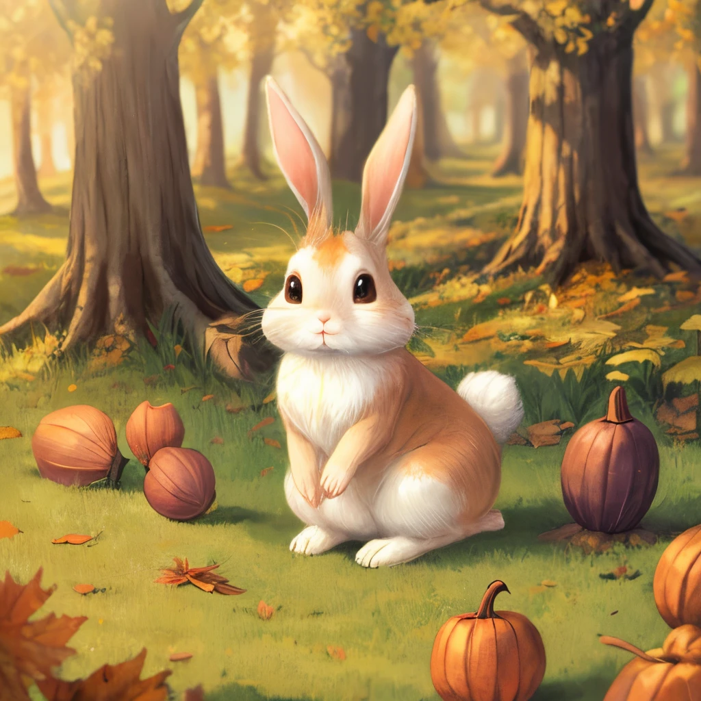 Rabbit looking for acorns Autumn sunlight Cute rabbit Illustration style Gentle