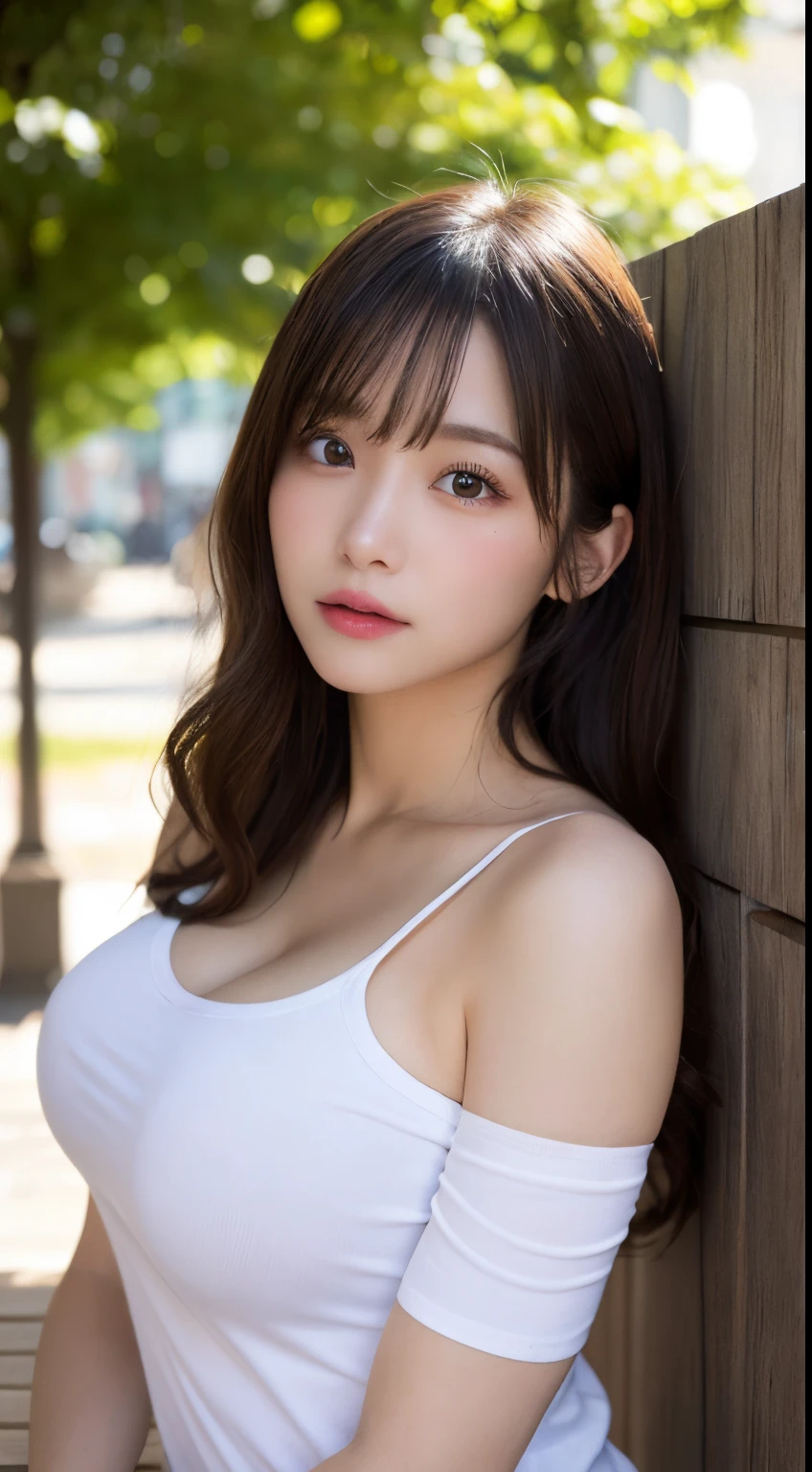 finely detail, hight resolution, hightquality、Perfect dynamic composition, Beautiful detailed eyes, Medium Hair, small tits、Natural Color Lip,Kamimei、Shibuya、20 years girl、1 persons、Transparent skin、Glowing hair、masutepiece, Best Quality, Ultra-detailed, finely detail, hight resolution, 8K、The correct state of the human body、Gravure Model Pose,Photographed with hair fluttering in the wind,The whole body is reflected((nature cafe background)),((Colossal tits:1.3)),((I can see the cleavage:1.5,white t-shirts:1.5,My clothes are off and my shoulders are visible)),((sit on a bench))