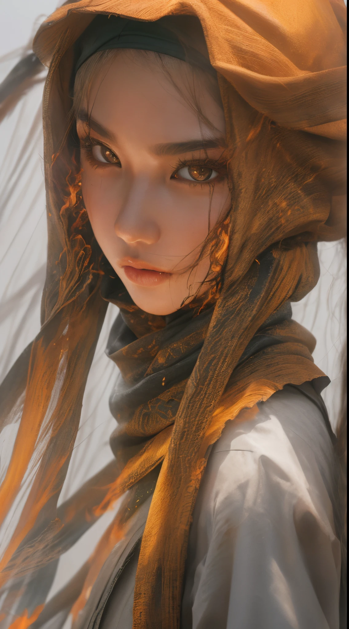 Compose a scene of a Malay girl in hijab harnessing elemental powers—fire, water, or wind. Freeze the action as she clashes with these elements, creating a dynamic and visually striking composition. Use vivid colors to enhance the elemental effects.