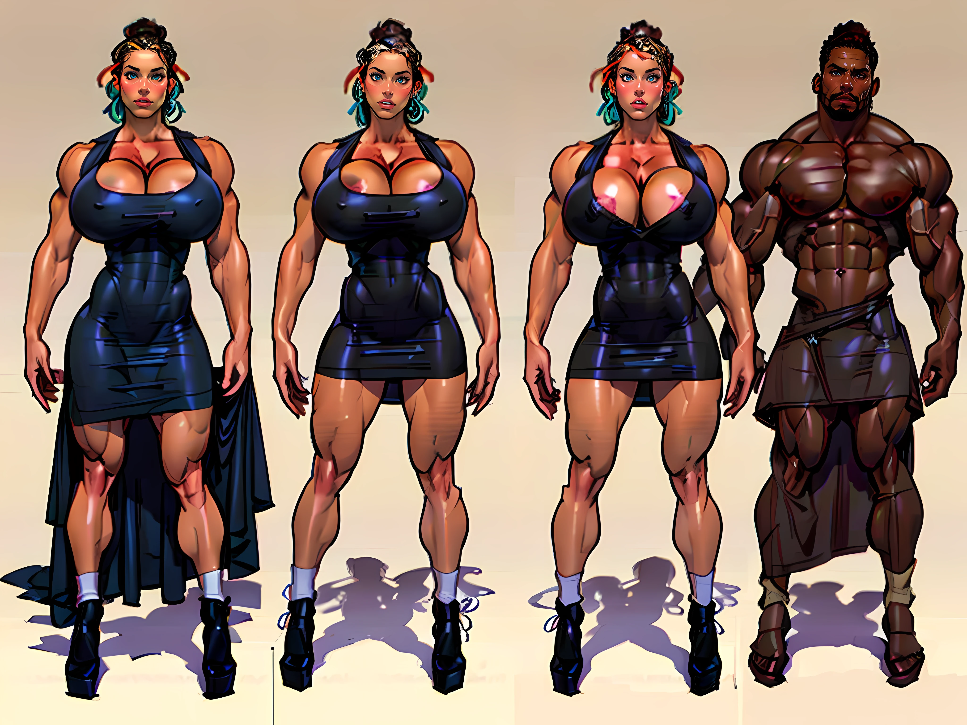 ((masterpiece)),(((best quality))),((character design sheet)), ((full body view)) ((native american girl)) mature face, defined cheekbones, high cheekbones, illustration, native girl, muscular, ((buckskins:1.4)), sexy bimbo, (gigantic breasts:1.7) black hair, ((detailed face:1.4)) beautiful woman, (native:1.4) (ribbon dresses:1.3) , shiny skin, scribbles and marks,(puffy lips:1.4) , rough sketches, pose, 8k,16k, (simple background, white background: 1.3) beige color palette, brown legs, brown arms, brown face, ((((huge muscles))))