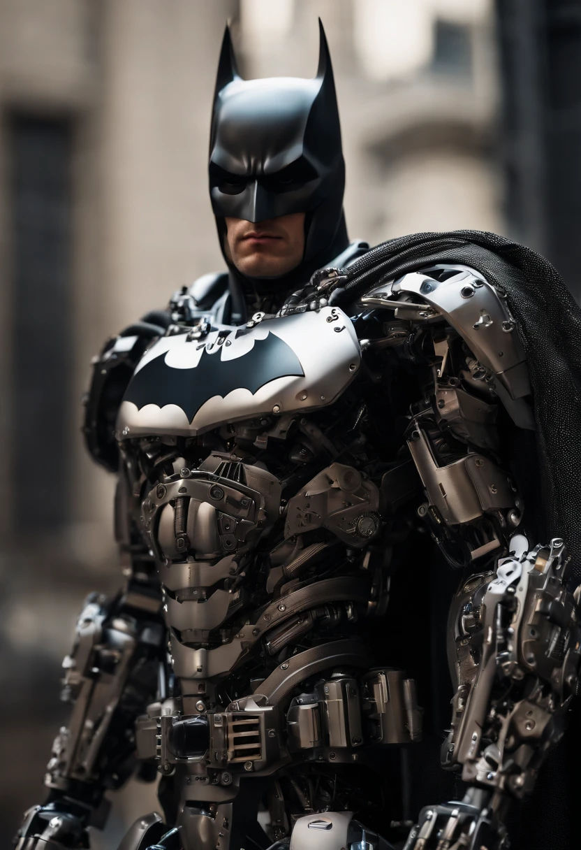 Imagine an intense scene featuring a highly detailed Batman transformed into a complete robot made out of steel, hydraulics, and computer components. Dive into the micro-detail realm to capture the intricacies of his robotic form, emphasizing the realistic representation of steel, hydraulics, and integrated computer components.

Highlight the robotic elements with extreme micro-details, showcasing the interplay of steel plates, hydraulics, and intricate computer components that make up Batman's cybernetic body. Zoom in on the mechanical joints, gears, and wiring, bringing to life the precision and complexity of his fully robotic structure.

Emphasize the texture and reflective qualities of the steel exterior, capturing the way light interacts with the metallic surface. Dive into micro-details to showcase the wear and tear, scratches, and imperfections that add authenticity to Batman's robotic form.

Consider the lighting to enhance the micro-details, using shadows to create depth and highlight the intricacies of the robotic components. Utilize the rendering capabilities to create an image with a futuristic and gritty atmosphere, conveying the seamless integration of human and machine in this fully robotic version of Batman.

Imagine the robotic Batman in a powerful and imposing pose, showcasing the strength and resilience of his machine form. Craft an image that not only captures the micro-details but also conveys the essence of this complete robot, blending the iconic Batman silhouette with the relentless precision of a steel, hydraulic, and computerized structure.

This detailed prompt aims to inspire the creation of a highly detailed and micro-focused depiction of a complete robot Batman, made out of steel, hydraulics, and computer components, with extreme attention to the intricacies of his robotic form.
