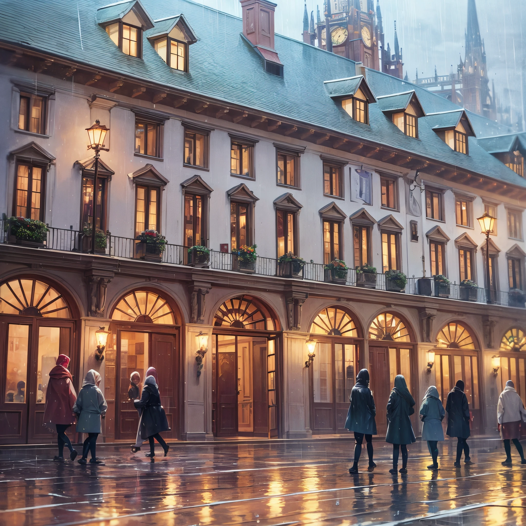 The Village Palace, decorado com luzes e cores natalinas, reflects its splendor on the rain-soaked sidewalks, criando uma atmosfera de conto de fadas, where history mixes with the magic of Christmas, Storyboard, -- 16:9 --auto --s2