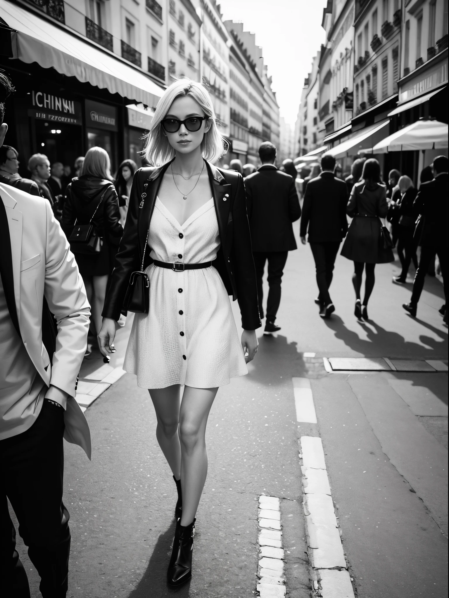 1 female focused, swedish woman model walking down a busy city street in a dress, (turn around and look at the camera), proportion of fashion models, a black and white photo, in Paris, standing in Paris, (paparazzi), street photography style, shot on Leica summilux 35mm, (lens flare), CHANEL advertising, kodak 400tx, mesmerizing, ((black and white photography)), (low key)