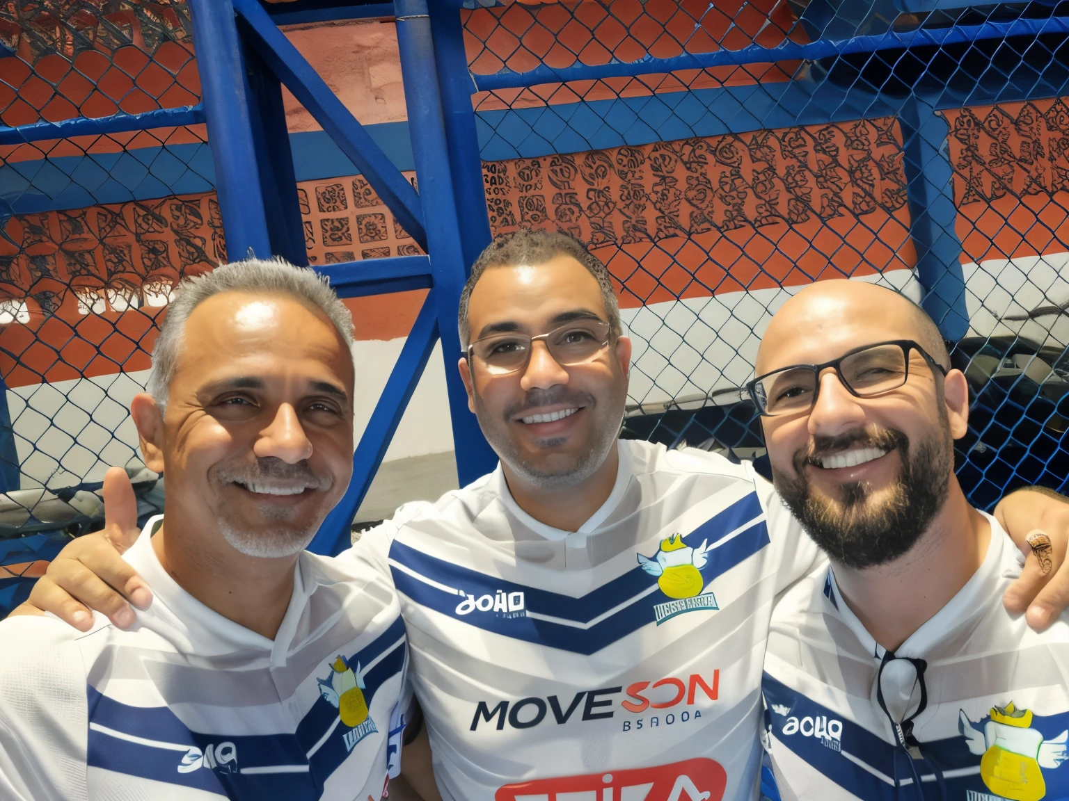 three men in white and blue shirts posing for a photo, por Veno Pilon, last photo, Edon Guraziu, album photo, Paulo Pepera Pablo Roldan, Carmelo Blandino, In Sao Paulo, jovial, Interior, amigos, not cropped, Directed by: Milton Menasco, Directed by: Luis Molinari, Foto realista, edu souza