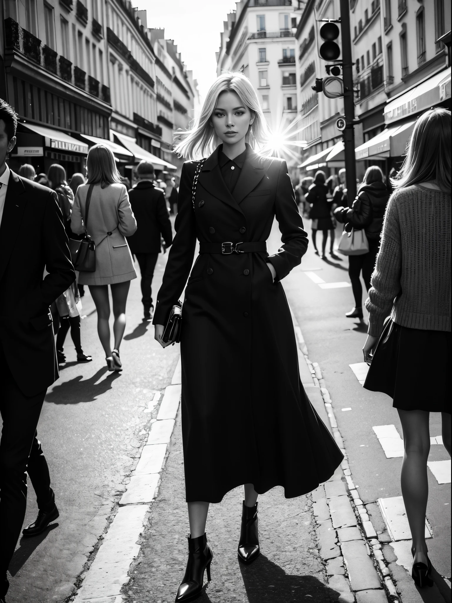 1 female focused, swedish woman model walking down a busy city street in a dress, (turn around and look at the camera), proportion of fashion models, a black and white photo, in Paris, standing in Paris, (paparazzi), street photography style, shot on Leica summilux 35mm, (lens flare), CHANEL advertising, kodak 400tx, mesmerizing, ((black and white photography)), (low key)