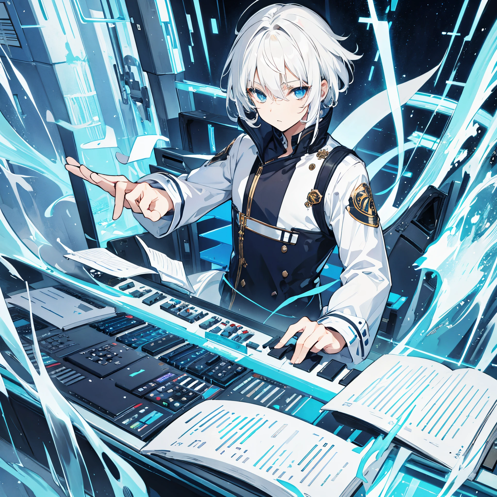 Man white hair blue eyes playing keyboard cool