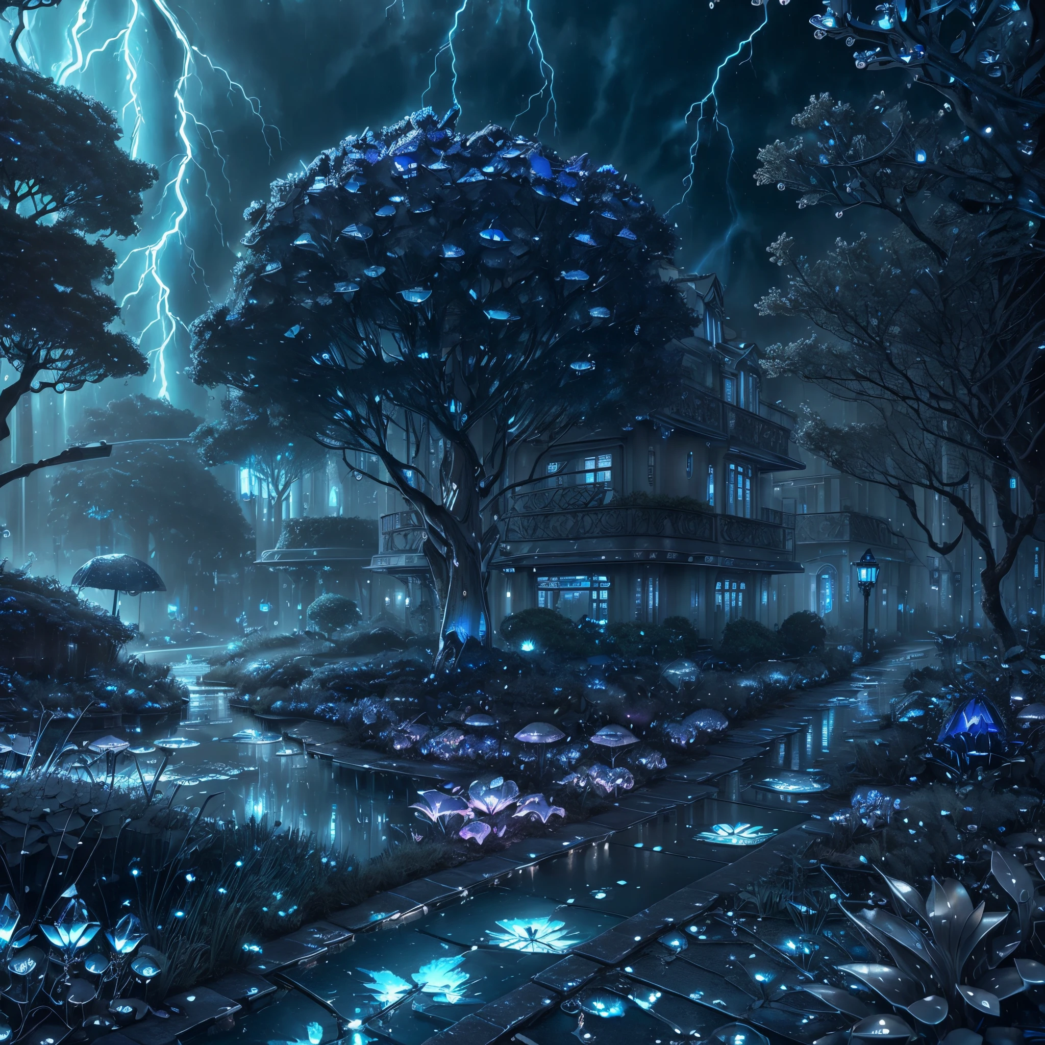 ((ultra detailed abstract photography of a SilverSapphireAI city street)), bioluminescence, (masterpiece), realistic, cinematic light, thunderstorm, hyperdetailed painting, luminism, 4k resolution, fractal isometrics details, (overgrown by bioluminescent mushrooms moss vines:.4), pools of water reflecting the thunderstorm, Photographic Realism, 3d rendering, octane rendering,