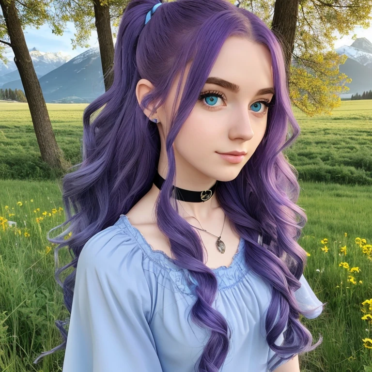 1girl, pretty face, pale skin, 19 years old, purple hair, lots of hair, ribbon in hair, curls at the ends, choker necklace, blue eyes, gray tunic with blue short sleeves, black leggings, belt BREAK standing, open meadow, forest, mountains in the background
