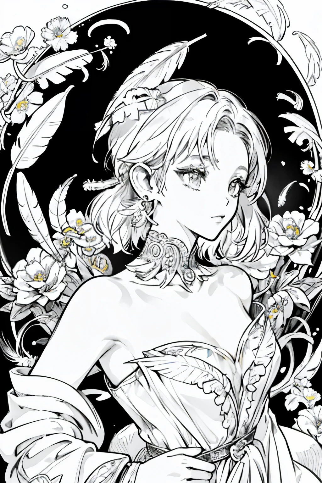 (masterpiece, top quality, best quality, official art, beautiful and aesthetic:1.2), (1girl:1.3), extremely detailed,(fractal art:1.1),(colorful:1.1)(flowers:1.3),highest detailed,(zentangle:1.2), (dynamic pose), (abstract background:1.3), (shiny skin), (many colors:1.4), ,(earrings), (feathers:1.5), nsfw:1.5, cyber sttyle girl, 1girl, solo, short hair, in nightclub ,bar, bare shoulders, BREAK, rainbow hair,long hair, breasts out:2,portrait, (from above:1.2), medium breasts, beautiful breasts, monochrome, greyscale