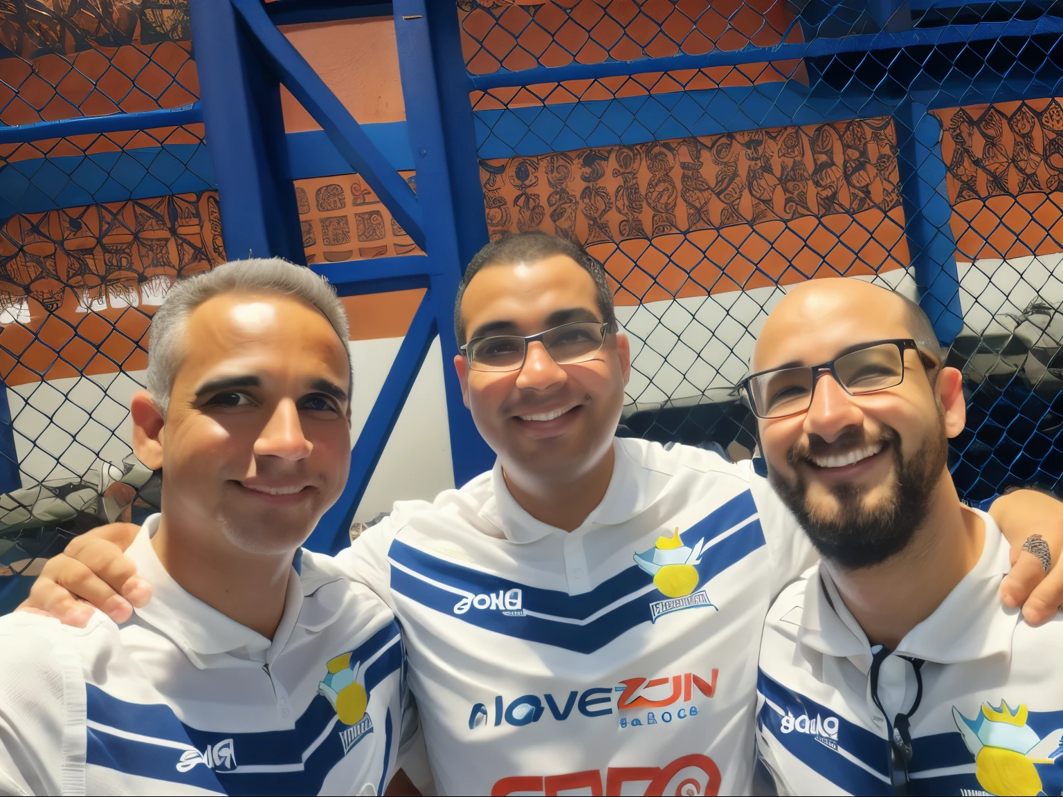three men in white and blue shirts posing for a photo, Por Veno Pilon, last photo, Edon Guraziu, album photo, Paulo Pepera Pablo Roldan, Carmelo Blandino, In Sao Paulo, jovial, interior, amigos, not cropped, Directed by: Milton Menasco, Directed by: Louis Molinari, Foto realista, edu souza