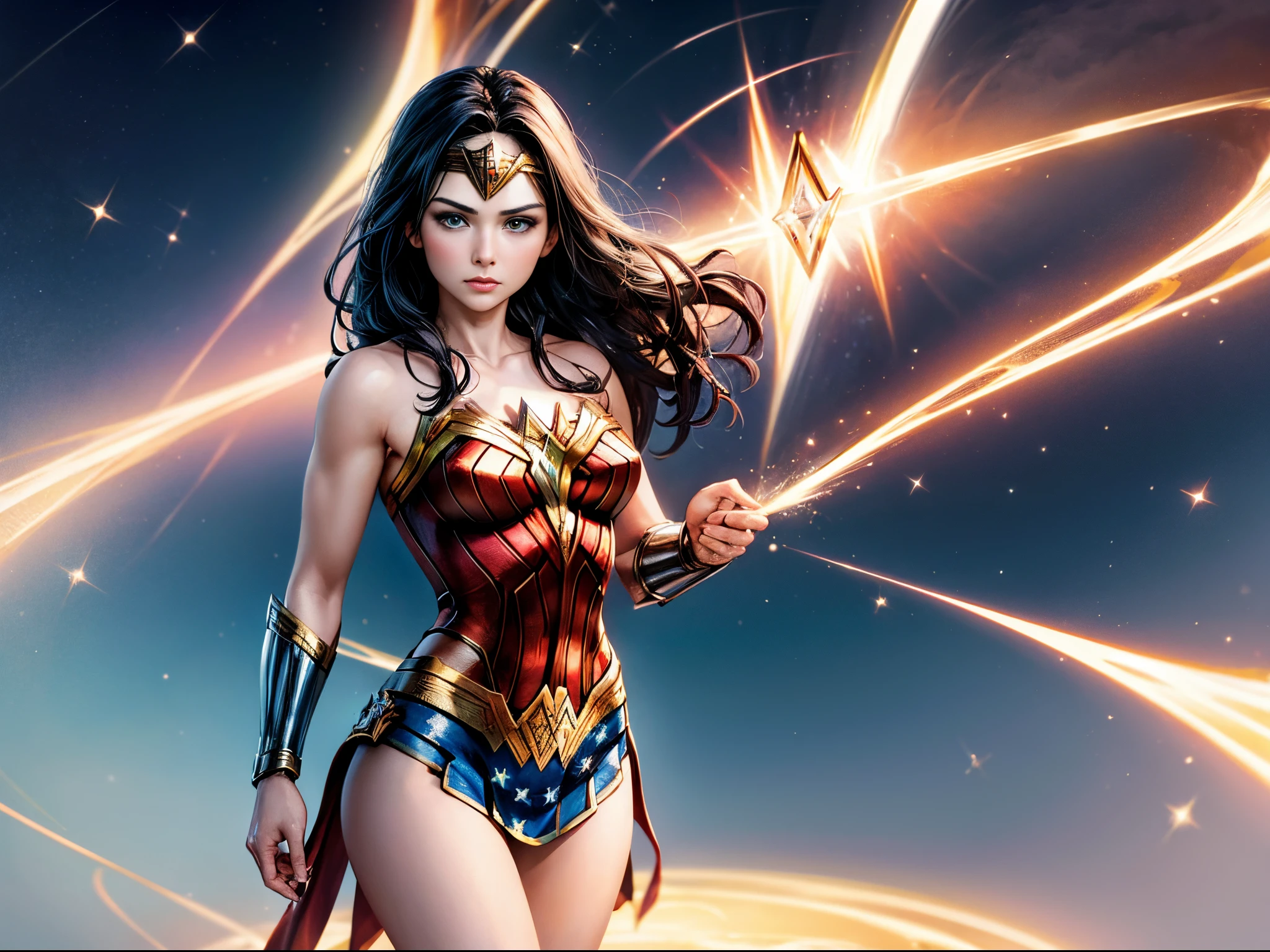 Visualize Wonder Woman from various universes converging in a mesmerizing nexus, symbolizing the interconnectedness of parallel worlds.