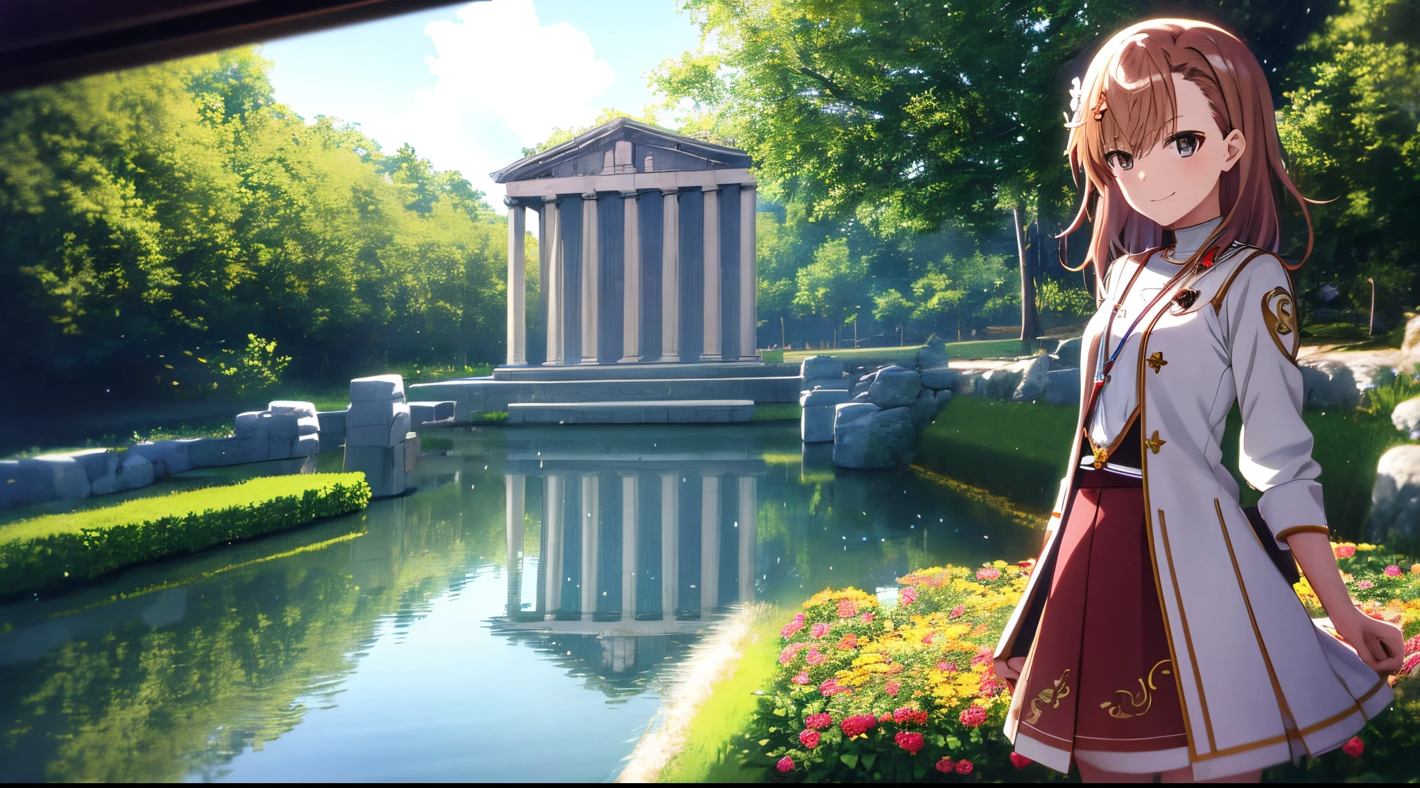 Anime view of Misaka mikoto, 1girl, girl, kawaii, solo, chestnut hair, hairpin,brown eyes, standing, looking at viewer,smile,golden armor with beads,praying beads on neck, long skirt,white marbled greek Acropolis flower garden,anime style,deep depth of field,wide angle view,Lumen Reflections,Screen Space Reflections,Diffraction Grading,Chromatic Aberration,GB Displacement,Scan Lines,Ray Traced,Anti-Aliasing,FXAA,TXAA,RTX,SSAO,Shaders,OpenGL-Shaders,GLSL-Shaders,Post Processing,Post-Production,cell Shading,Tone Mapping,CGI,VFX,SFX,insanely detailed and intricate, 4K