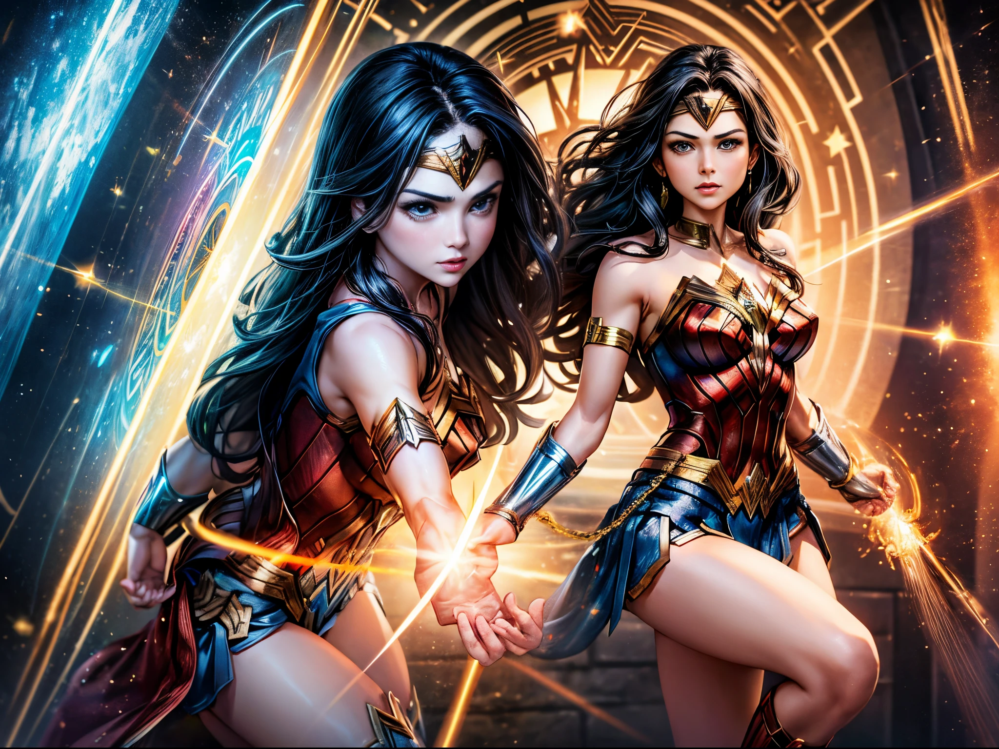 Visualize Wonder Woman from various universes converging in a mesmerizing nexus, symbolizing the interconnectedness of parallel worlds.