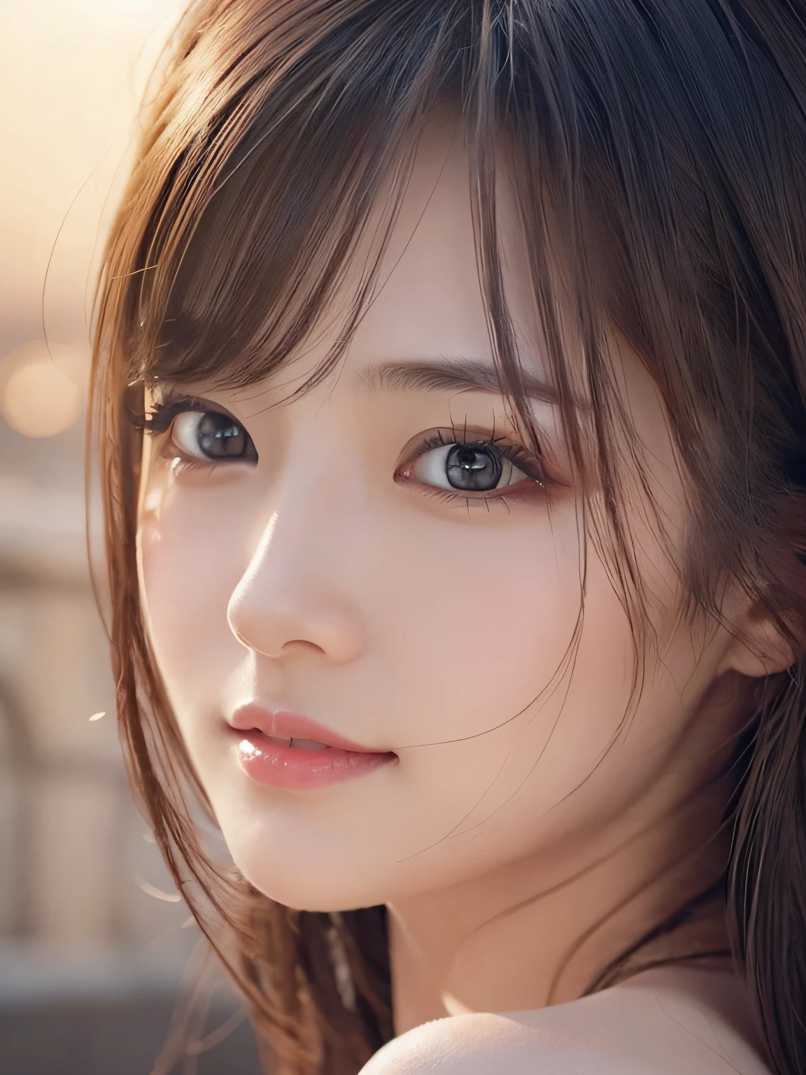 masterpiece、1 beautiful girl、detailed brown eyes、Puffy eyes、top-quality, 超A high resolution, (Realisticity: 1.4), cinematlic lighting、(japanes)、Asian Beauty、Super beauty、age19、Beautiful skin、A slender、(Look at viewers)、(A hyper-realistic)、(hight resolution)、(8K)、(ighly detailed)、(beautifully detailed eyes)、(ultra-detailliert)、 (wall-paper)、A detailed face、Bright lighting、profetional lighting、