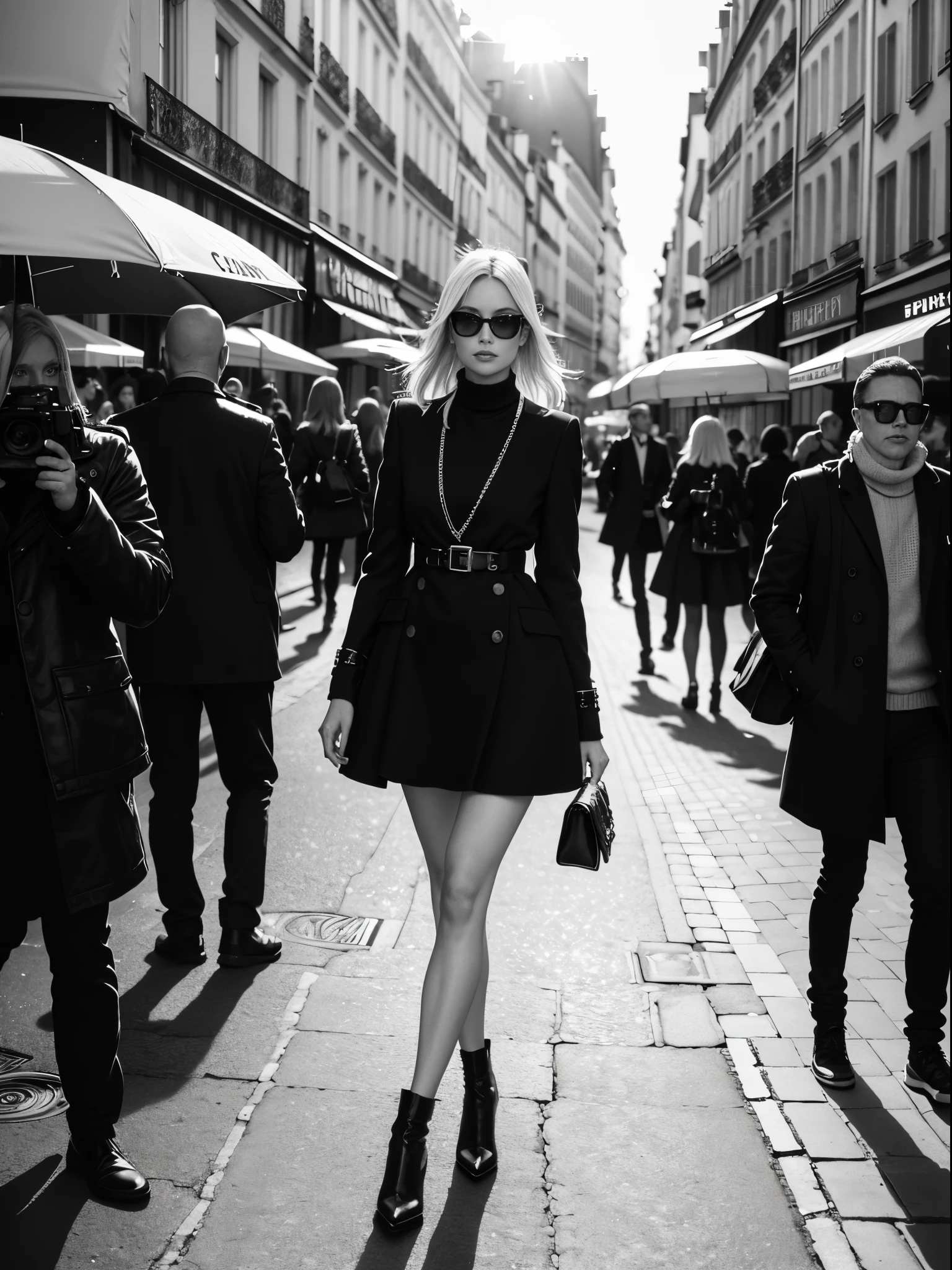 1 female focused, swedish woman model walking down a busy city street in a dress, proportion of fashion models, a black and white photo, in Paris, standing in Paris, (paparazzi), street photography style, shot on Leica summilux 35mm, (lens flare), CHANEL advertising, kodak 400tx, mesmerizing, ((black and white photography)), (low key)