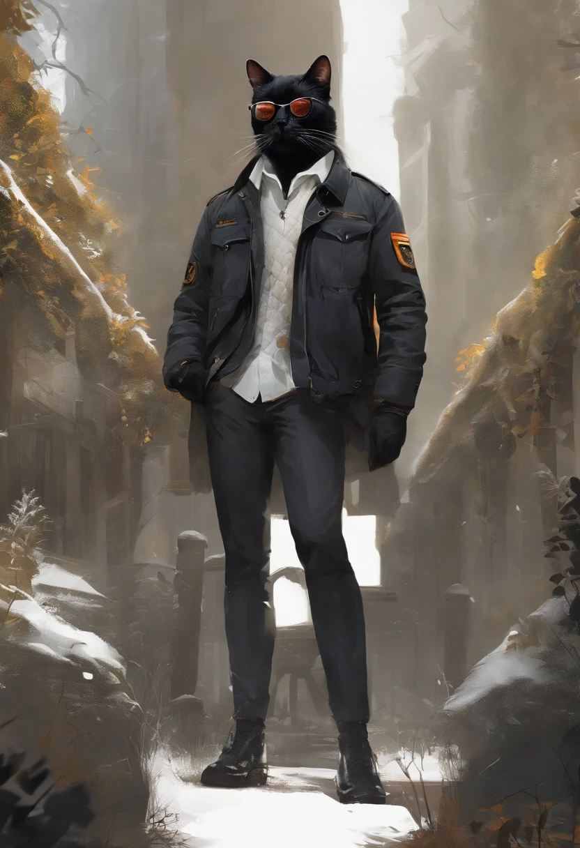 Perfect centering, Cute black cat sergeant wearing schoolboy jacket, wears dark glasses, with headphones on, cheerful, stand posture, abstract beauty, at centre, looking at the camera in, facing at the camera, nearing perfection, dynamic, The is very detailed, smooth private parts, Focus sharp, 8K, high definition resolution, illustratio, Artwork by Carne Griffiths and Wadim Kashin, white backgrounid