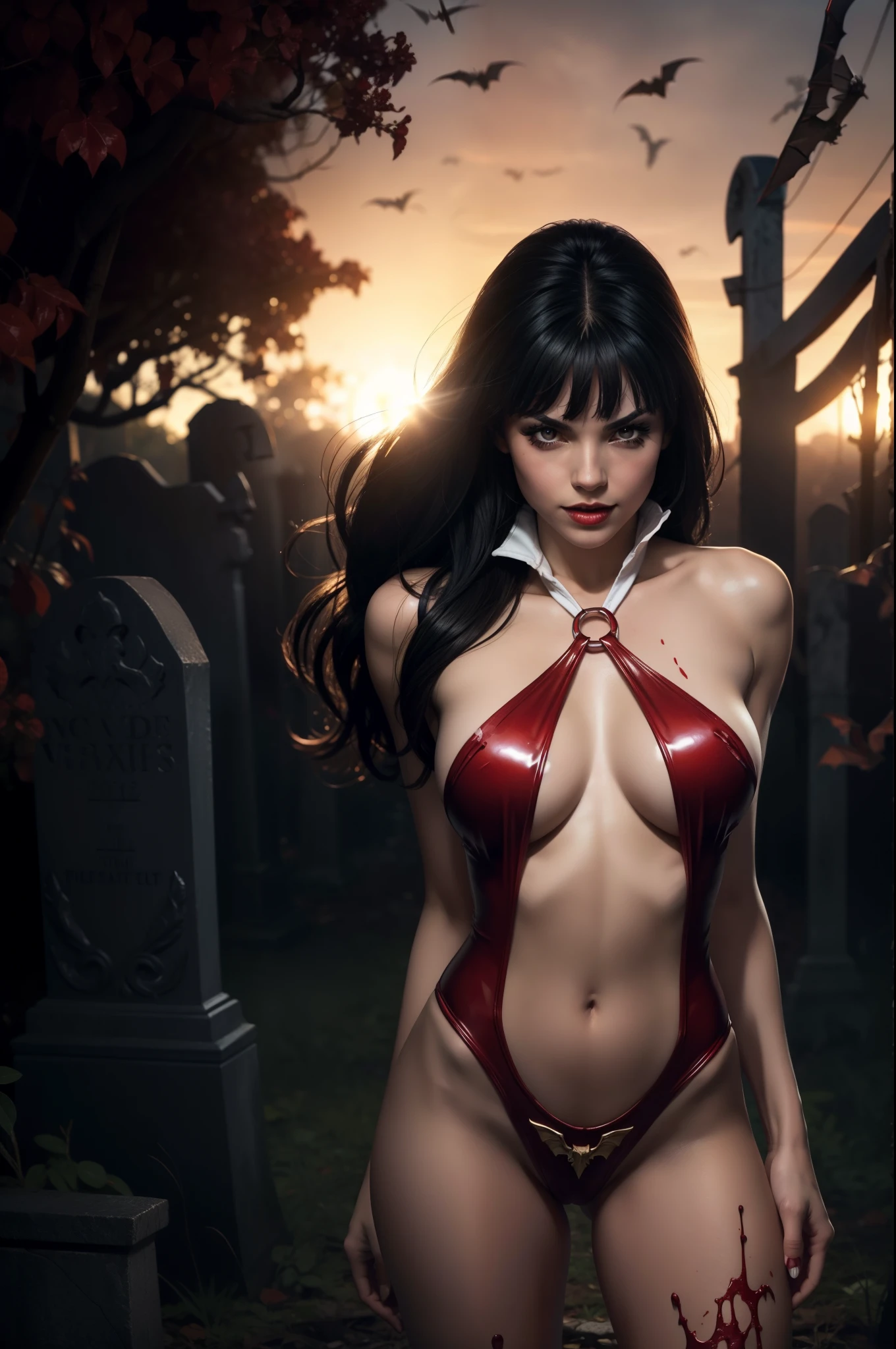 sexy vampirella wearing a deep V red swimsuit, front view, blood splatter, nighttime in graveyard, bats, oily shiny skin, bending over, athletic and fit body, naughty, slutty, perfect hands, detailed hands, perfect eyes, detailed eyes,  flirty, sexy, naughty, posing, hands and arms at sides, large perky boobs, realistic, HDR, UHD, dynamic