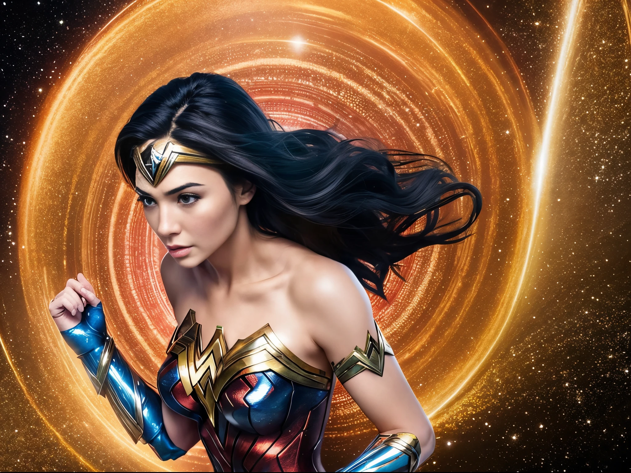 Visualize Wonder Woman from various universes converging in a mesmerizing nexus, symbolizing the interconnectedness of parallel worlds.