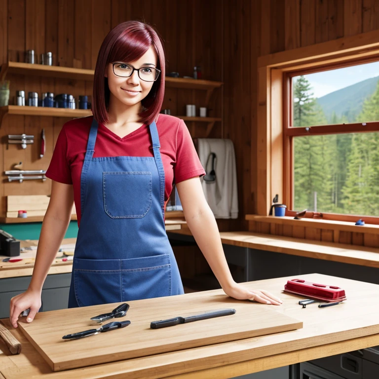 1girl, pretty face, medium skin, mixed-race, dark red hair, short hair, straight hair, parted on the side, red rimmed glasses, purple shirt, jeans, wearing a workshop apron BREAK standing at a workbench, in a workshop, forest and mountains are seen through the windows