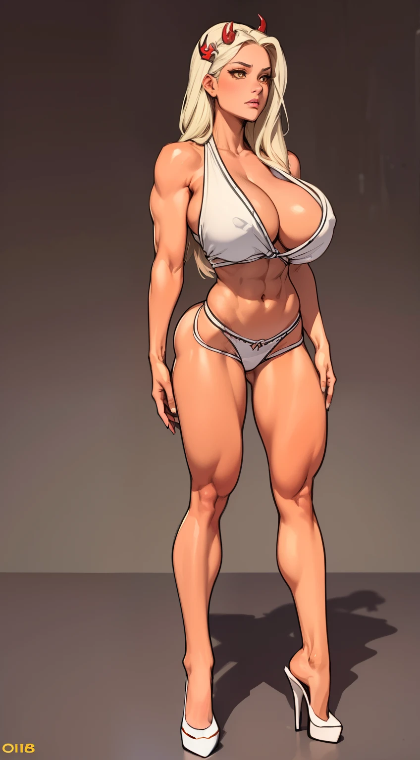 (Masterpiece:1.2), (Best Quality:1.3), 1demoness, Standing, black skin, brawn, abs, antlers, blue hair, huge breasts, beatiful face, plump gobs, yellow eyes, Black blouse, Shorts