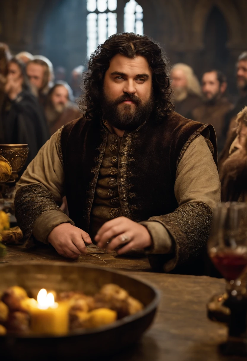 A photo of Robert attending a medieval feast, surrounded by lively music and people dancing,Game of Thrones TV series,Robert is fat, with thick black hair and beard streaked with grey, commonly wears black with yellow accents. Famously portrayed by Mark Addy