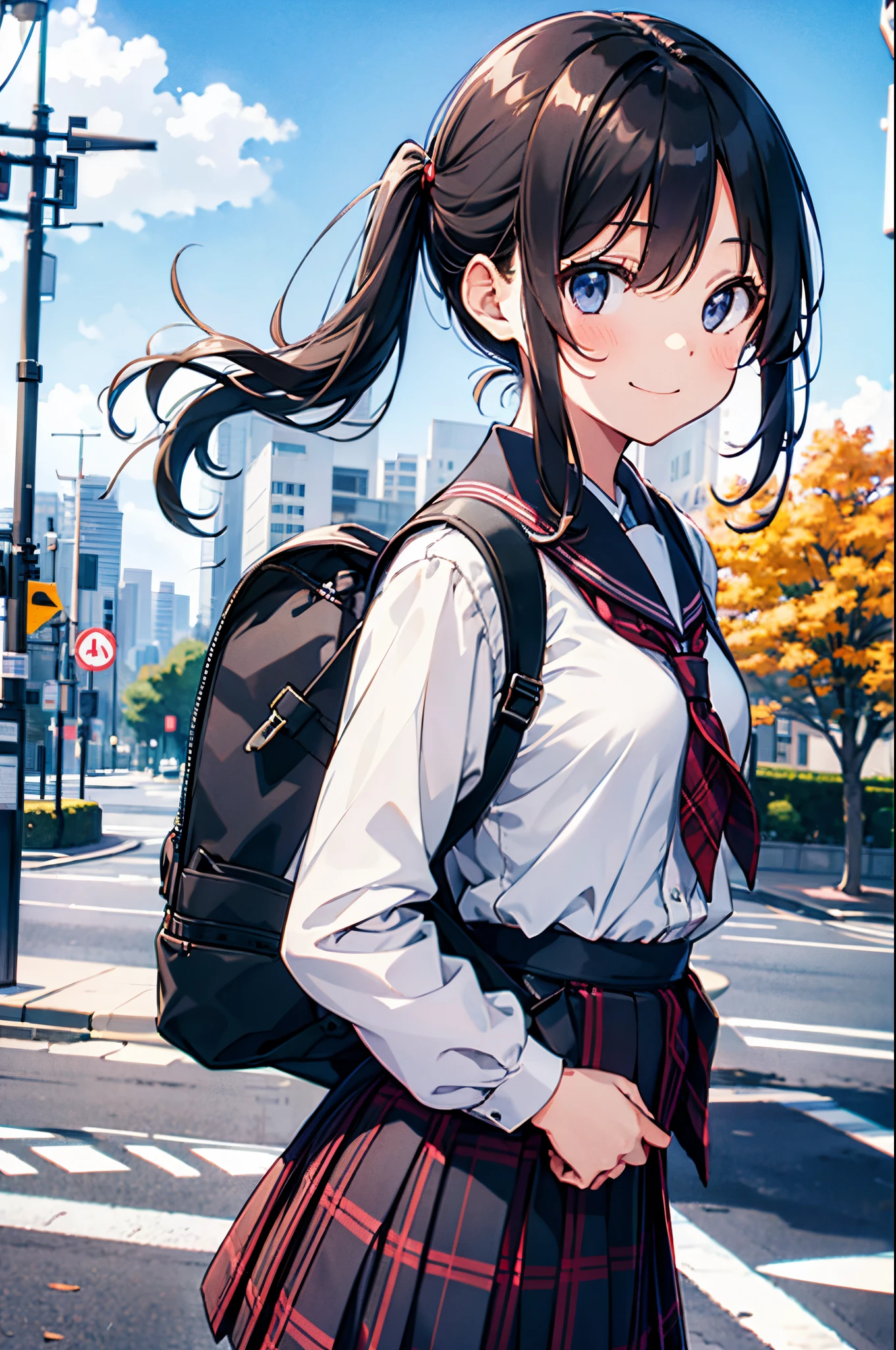 1girl, solo, outdoors, sunlight, dress, cityscape,  street, serafuku, plaid skirt, school uniform, backpack, closed mouth, light smile, standing, bus stop,