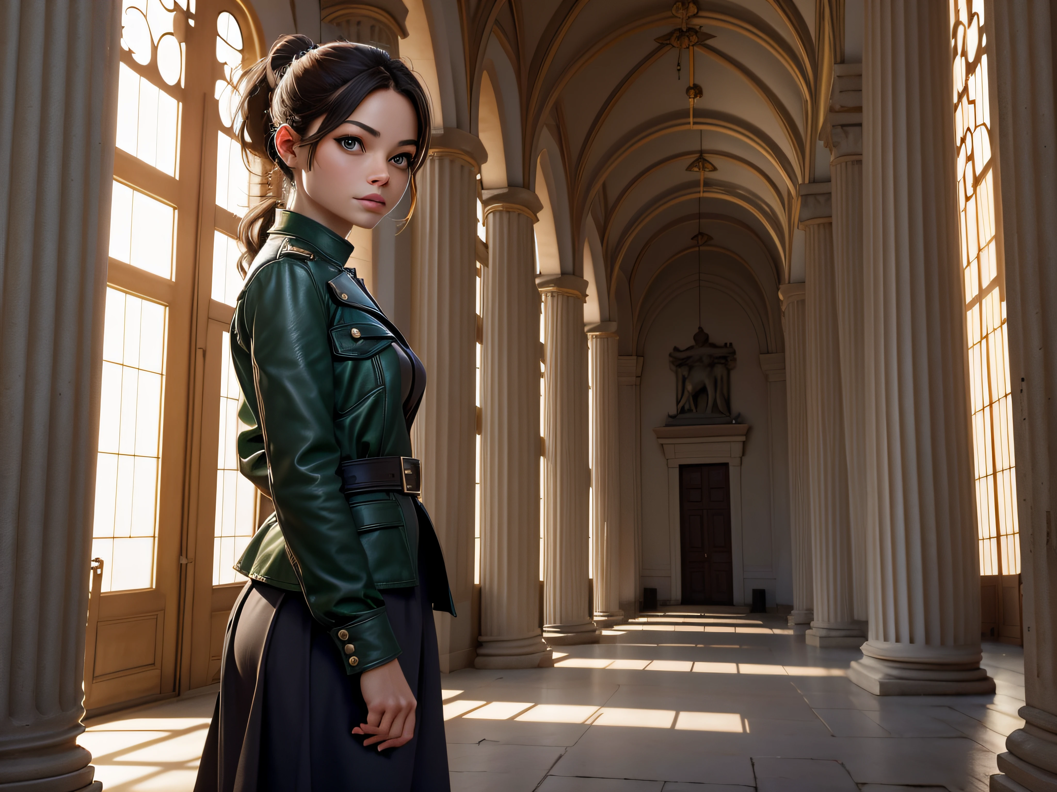 magnifique：Kristin Kreuk with ponytail and green eyes en pantalon de cuir noir et blouson de cuir vert devant un immense temple grec imposants、Regarde le spectateur. Grand espace et atmosphère solennelle, Cloître aux piliers en pierre：Le cloître représentant les piliers de pierre entourant le Temple d'Arès, dieu de la Guerre.