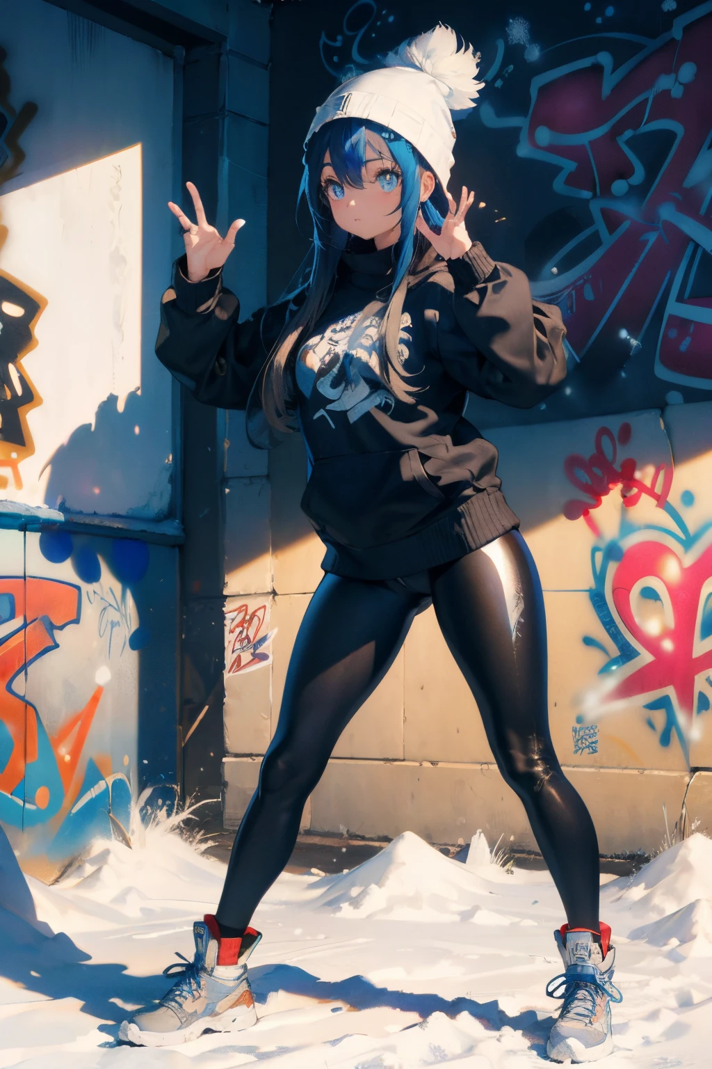 (masterpiece:1.2、top-quality)、(graffiti wall:1.2)、1lady、Beanie、jaket、leggins、blue eyess、full body Esbian、yogapose、snow mountains、snowscape、