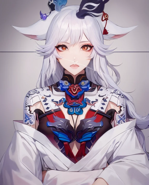 anime - imagen de estilo de una mujer con cabeza de cabra y una espada, Arte detallado de Onmyoji, Armadura inspirada en Kitsune, Retrato de Onmyoji, Chica de anime demonio, Deidad de pelo blanco, fanart detallado, Onmyoji, Personaje de anime; Arte de cuerpo completo, Arte detallado del anime digital, Anime Mujer Arte de cuerpo completo, con ojos rojos brillantes, Arte digital en Pixiv