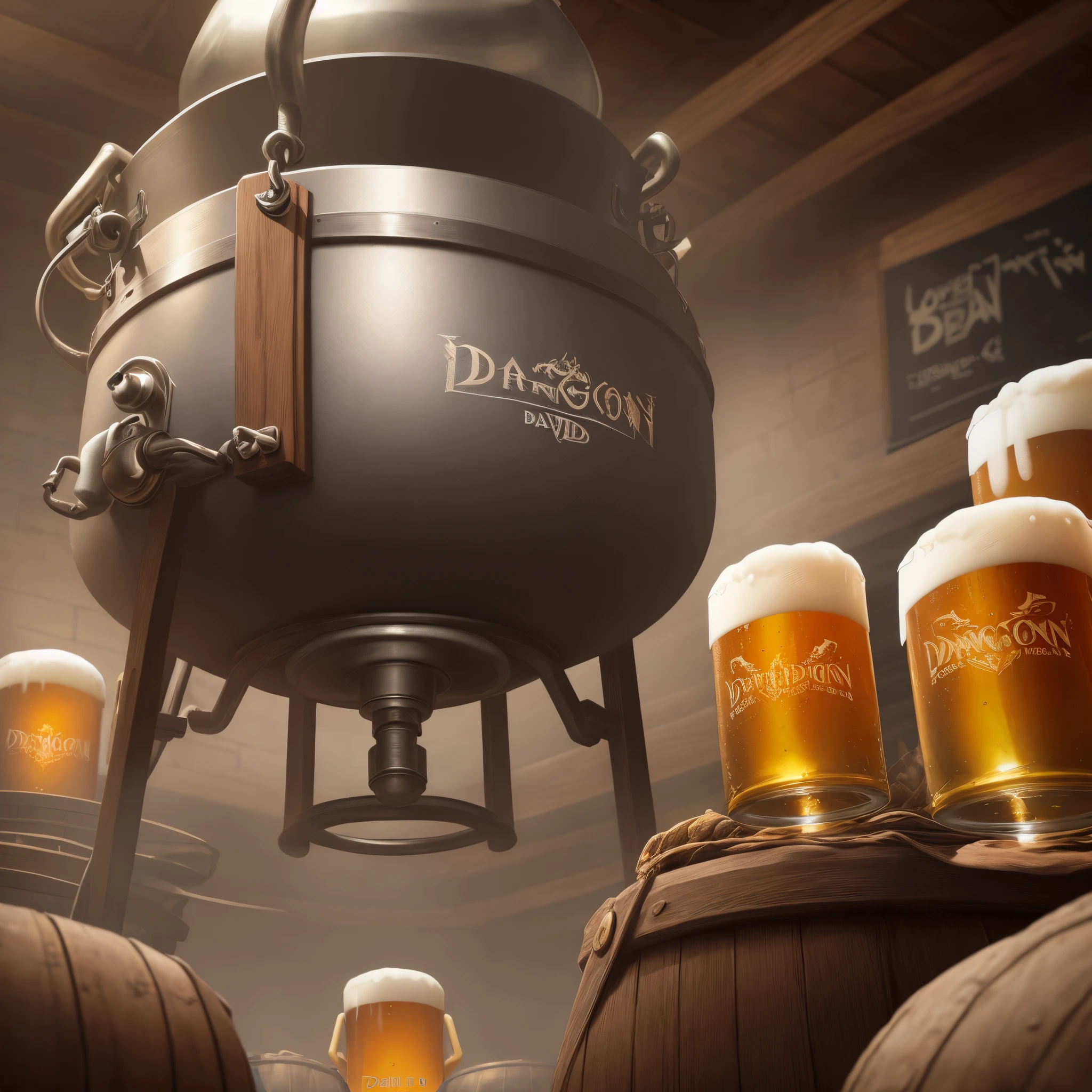 Dragon brewing beer with a big cauldron