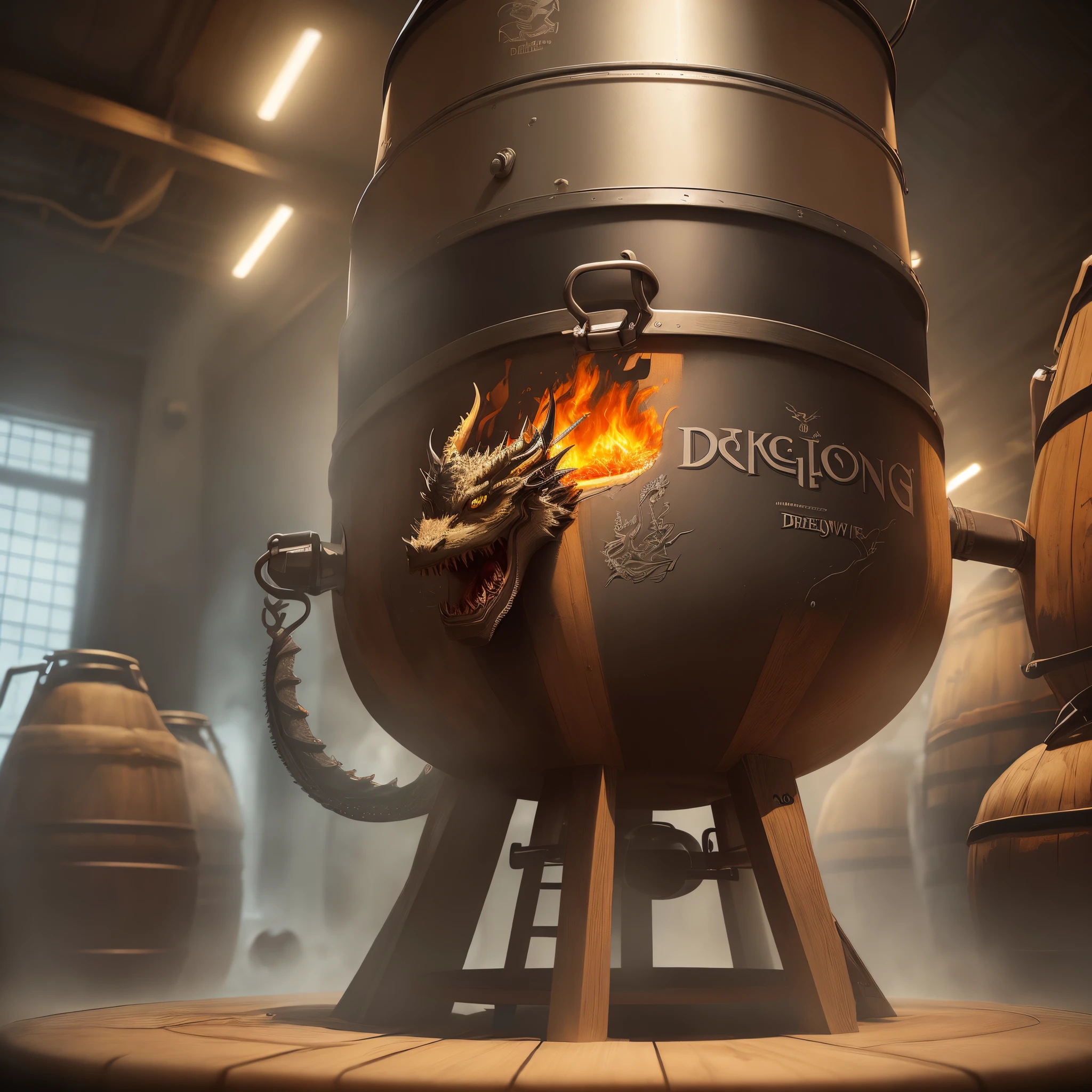 Dragon brewing beer with a big cauldron