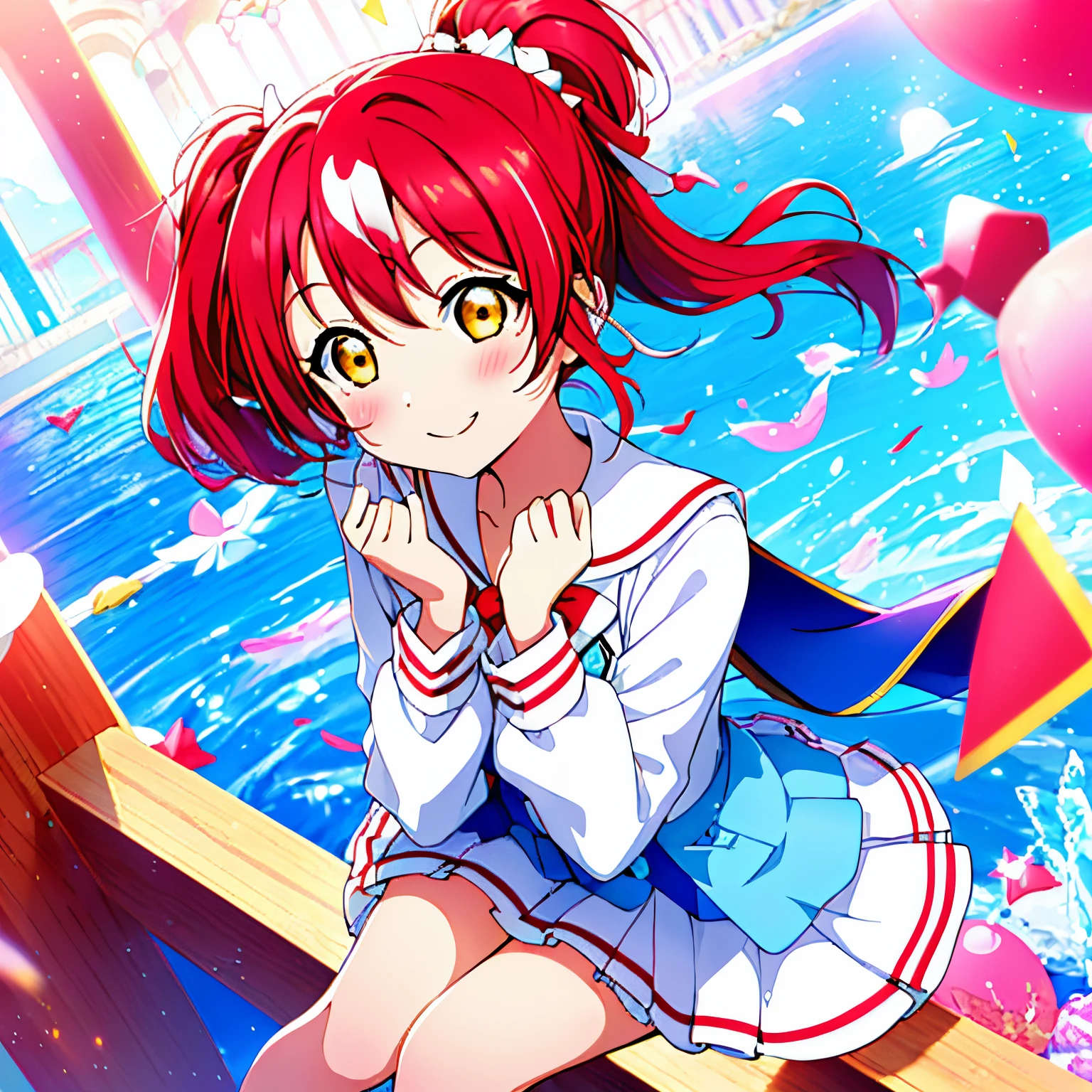 top-quality、​masterpiece、absurderes、idol、1girl、red blush, white_background、light_particles、1girl in、独奏、absurderes、Blue Blazer、Green skirt、red hairs、short-hair、yellow  eyes、Sit up、panties on、エロ、cute little、a smile