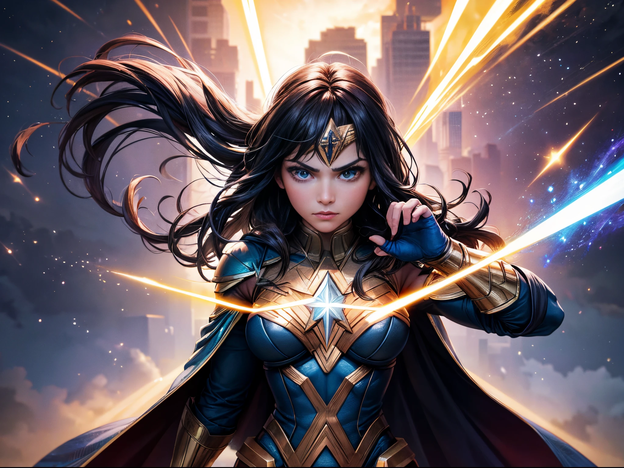 best quality,4k,8k,highres,masterpiece:1.2,ultra-detailed,realistic:1.37,Wonder Woman,DC Universe,Marvel Universe,Multiverse,cosmic portal,mesmerizing nexus,interconnectedness of parallel worlds,female superhero,iconic costume,red,blue,gold,laser-sharp focus,heroic pose,powerful,confident,Amazonian warrior,shield,lasso of truth,brilliantly colored background,action-packed,explosive energy,breathtaking landscape,portraits,unstoppable force,strong,wild flowing hair,determined expression,powerful stance,fierce eyes,galactic dimensions,superhuman strength,saving the world,adventure,justice,brave,superpowers,intense battle,defeating enemies,towering skyscrapers,glimmering stars,astral energy,celestial beings,universe,diverse characters,Women of DC,Marvel's Avengers,Asgardians,Guardians of the Galaxy,Starfleet officers,powerful artifacts,cosmic entities,multiple realities,parallel dimensions,mythical creatures,cameo appearances,ultimate team-up,universe-shaking event,iconic heroines,unleashing their full potential,unprecedented power,genre-bending crossover,awe-inspiring,unbelievable action sequences,intertwining storylines