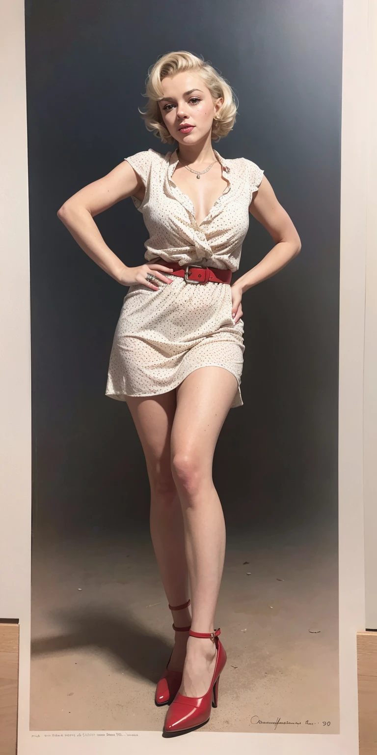 1950s Watercolor, Pen and Ink, 25 yo Marilyn Monroe in retro fashion, pin-up style, full body shot, depiction of rural life, light gray and light brown and red and white and blue, in the style of classical Americana, mottled, playful innocence, dotted, cutout from white background, in the style of Norman Rockwell, masterpiece art work,