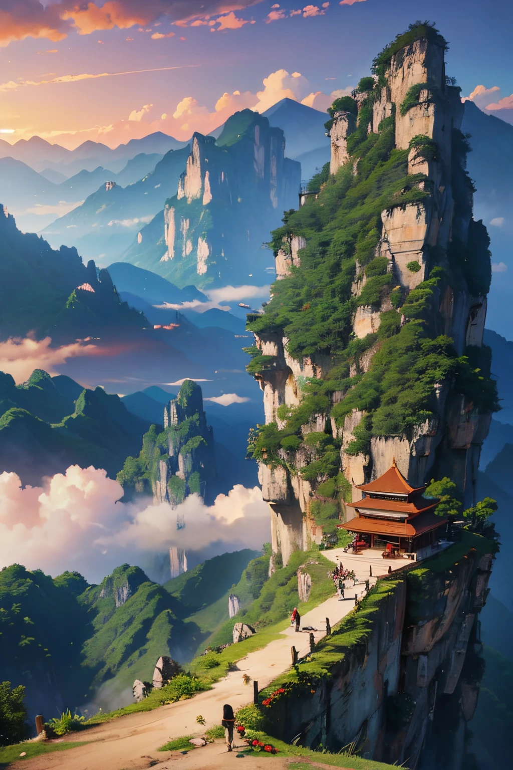 mountains with a small red building on top of them, by Cheng Jiasui, chinese landscape, by Yuan Jiang, an amazing landscape image, zhangjiajie in early morning, by Liu Haisu, by Raymond Han, breathtaking mountains, by Xia Yong, floating mountains, incredibly beautiful, by Ren Xiong, zhangjiajie national forest park