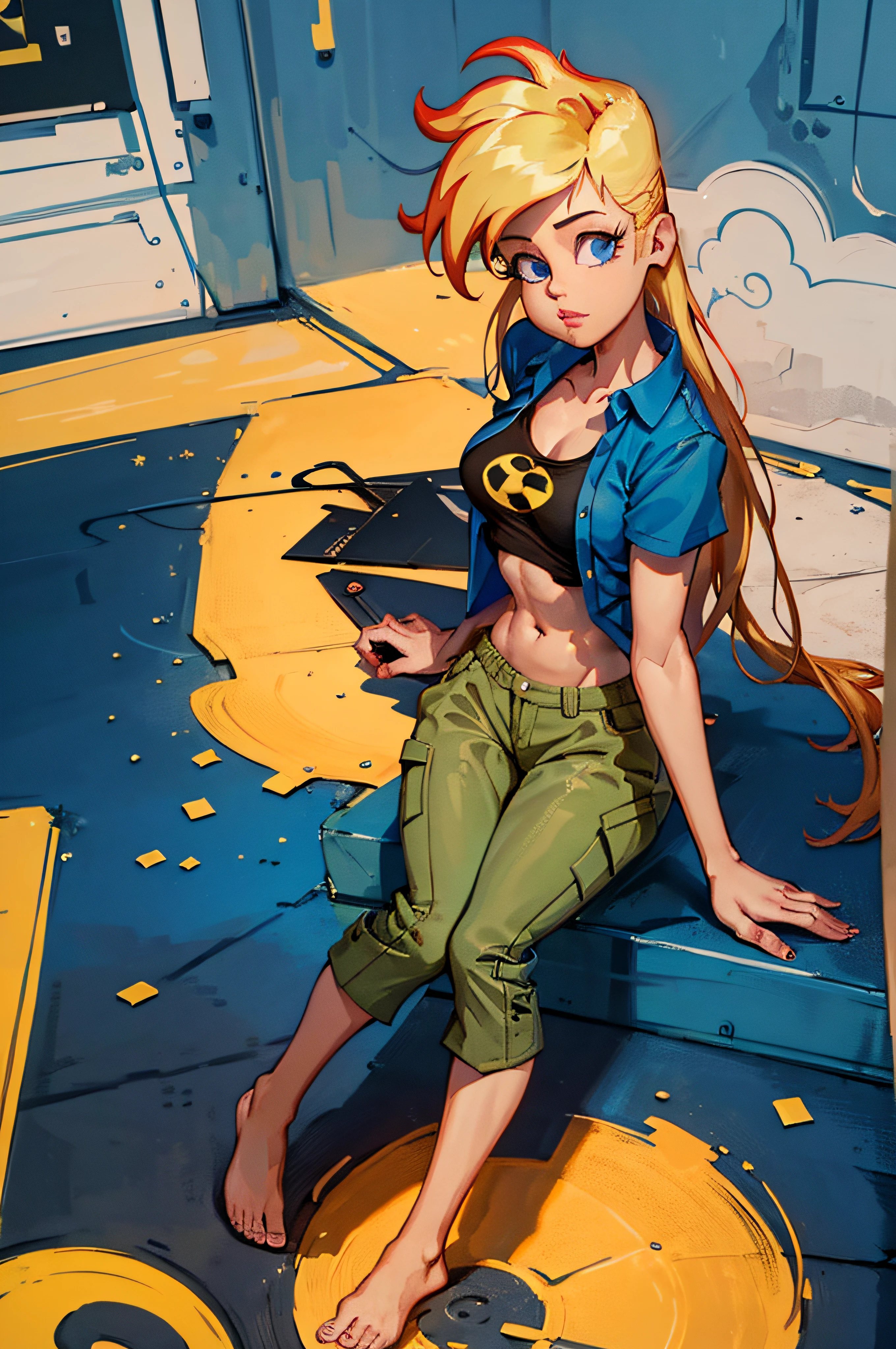 ((masterpiece, best quality)),(complex light),1girl, solo, portrait, jenny test, blonde hair,blue eyes, pants, running, midriff, open shirt, tank top, long hair, short sleeves shirt, looking at the viewer, sitting, barefoot