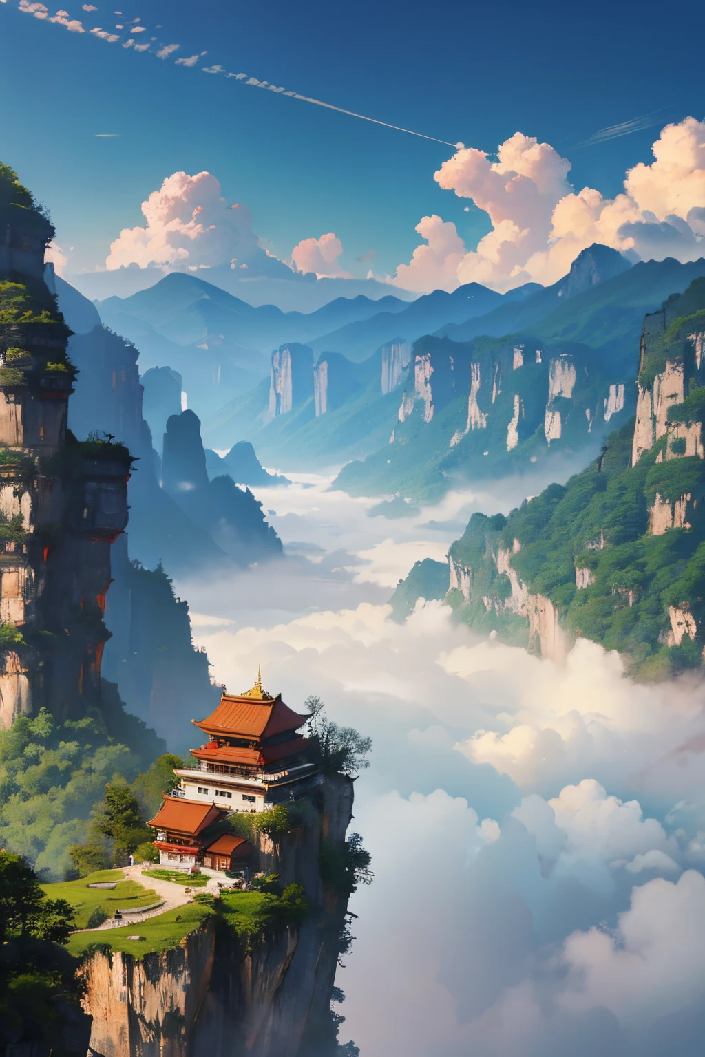 Lofty mountains, Chinese-style architecture, cloudy and misty, real, scenery, Xiuxian, lofts --auto --s2