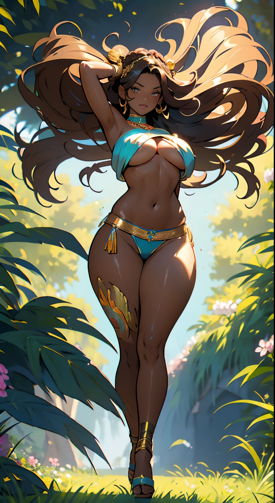 (dark brown skin:1.3),thick thigh, anime hot girl, Random hair color,fulllllbody,Competent body,(Master Masterpiece:1.2)、(beste Quality:1.2), Greek goddess naked Aphrodite, serious and sexy face, supergirl Beautiful woman, has a face of supernatural beauty and short, curly blonde hair decorated with flowers, as well as blue eyes. (perfect anatomy) , (perfect eyes), Wild Xavante India, extreme tanned skin, full body image, extreme long black straight hair messes over naked boobs, huge macaw blue parrot feather headdress, long legs, curvy, indigenous colored breast painting, breast painted bright color, vibrant color facial painting, Long hair, Gradient, Gradient background, full body image centered around the buxom young miller's exceptionally attractive with big breast and reavling exposed cleavage with wide hips and narrow waist and exuding an alluring and voluptuous physique that radiates warmth and sensuality, gisele bundchen, cheerfull and happy expression on her face, hyper-realistic photography portrait, beautiful lips,detailed large eyes, Her eyes are a striking and inviting feature, extreme abnormally huge boobs, tranquil flower princess with soft hair dancing in the wind and intricately braided. Her sweet face has puffy, kissable lips and stunning, highly realistic eyes, hires eyes, 8k eyes, beautiful detail eyes, realistically shaded eyes, dazzling big eyes and realistic eyes in vibrant colors. She is wearing delicately detailed colourful fabric of gossamer silk and satin, midst of the most beautiful meadow in the world and is surrounded by beautiful flowers of varying sizes and colors, with delicate flowers dancing in the wind and creating a dynamic and compelling image