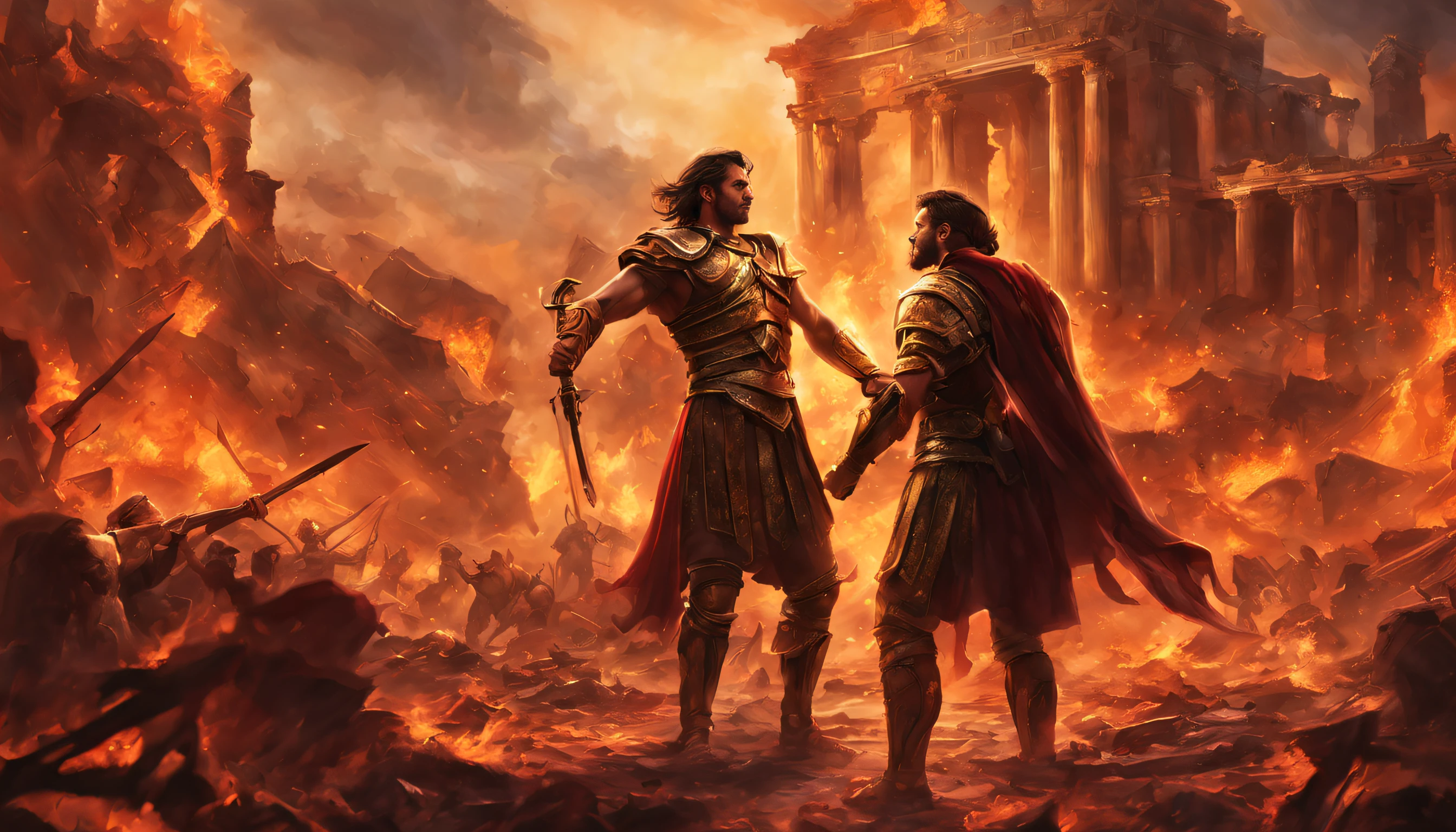 Experience the intensity of battle as Achilles and Hector, two formidable foes, engage in a deadly dance amidst the ruins of a once-great city, now consumed by flames.