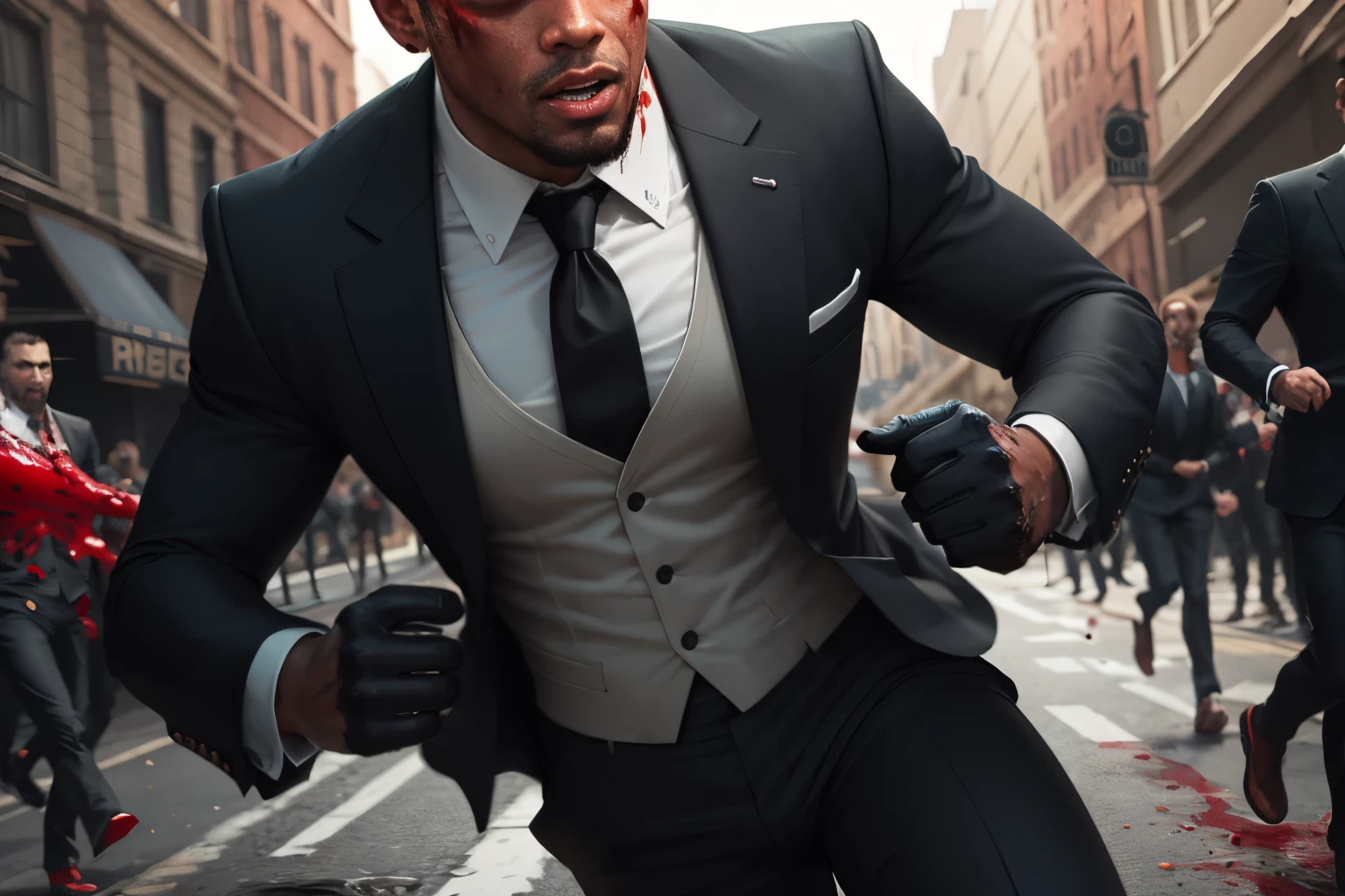 A ??? running from a man in a black suit and covered in blood
