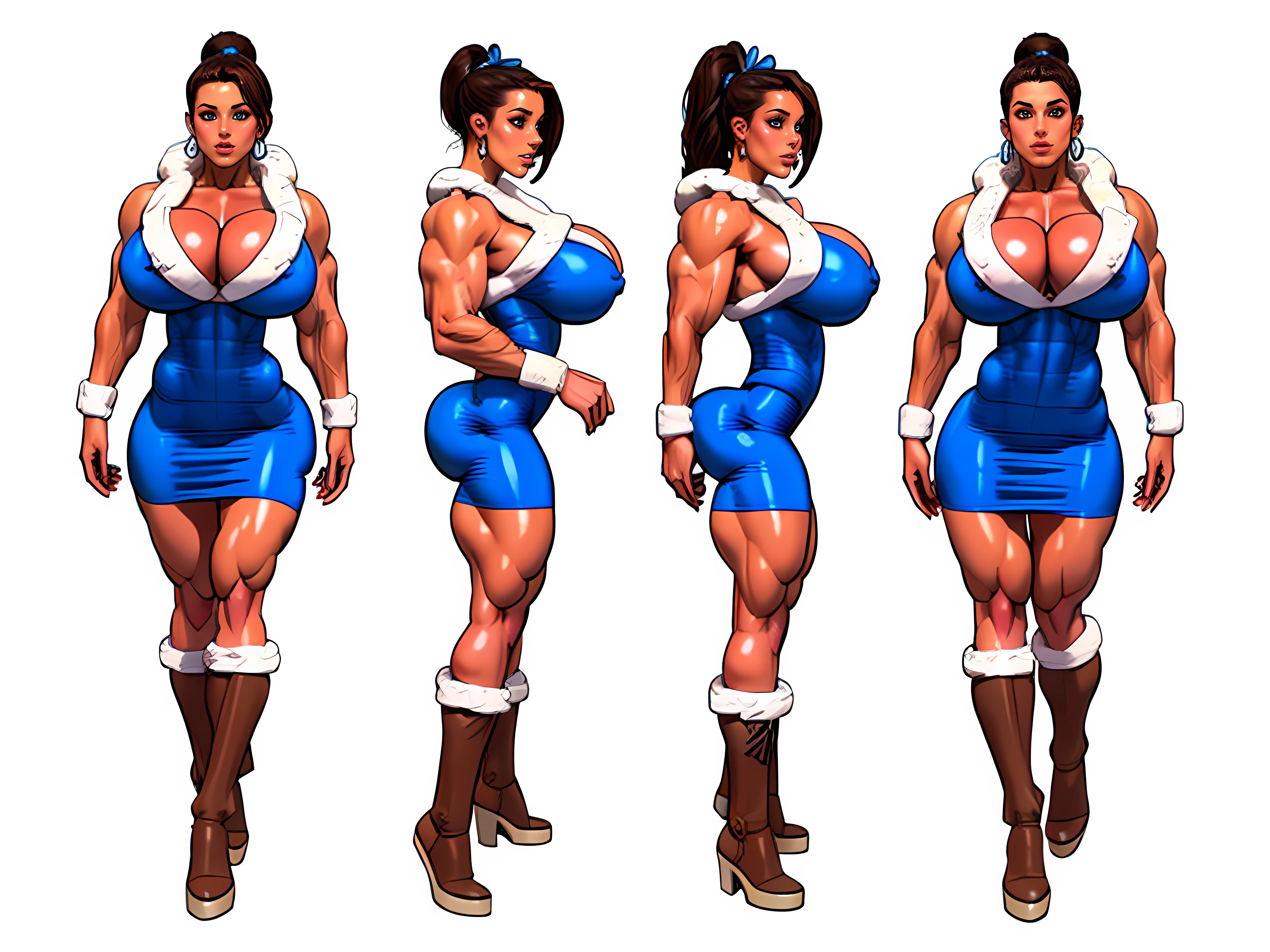 ((masterpiece)),(((best quality))), ((full body view)) ((native american girl)) mature face, defined cheekbones, high cheekbones, illustration, native girl, muscular, ((detailed face:1.4)) beautiful woman, (Fringe clothing:1.4), (thick fur leg warmers:1.6), (beaded moccasins:1.4) (ribbon dresses:1.3) , shiny skin, scribbles and marks,(puffy lips:1.4) , rough sketches, gigantic breasts, 8k,16k, (simple background, white background: 1.3) white and blue color palette, brown legs, brown arms, brown face, ((((huge muscles))))