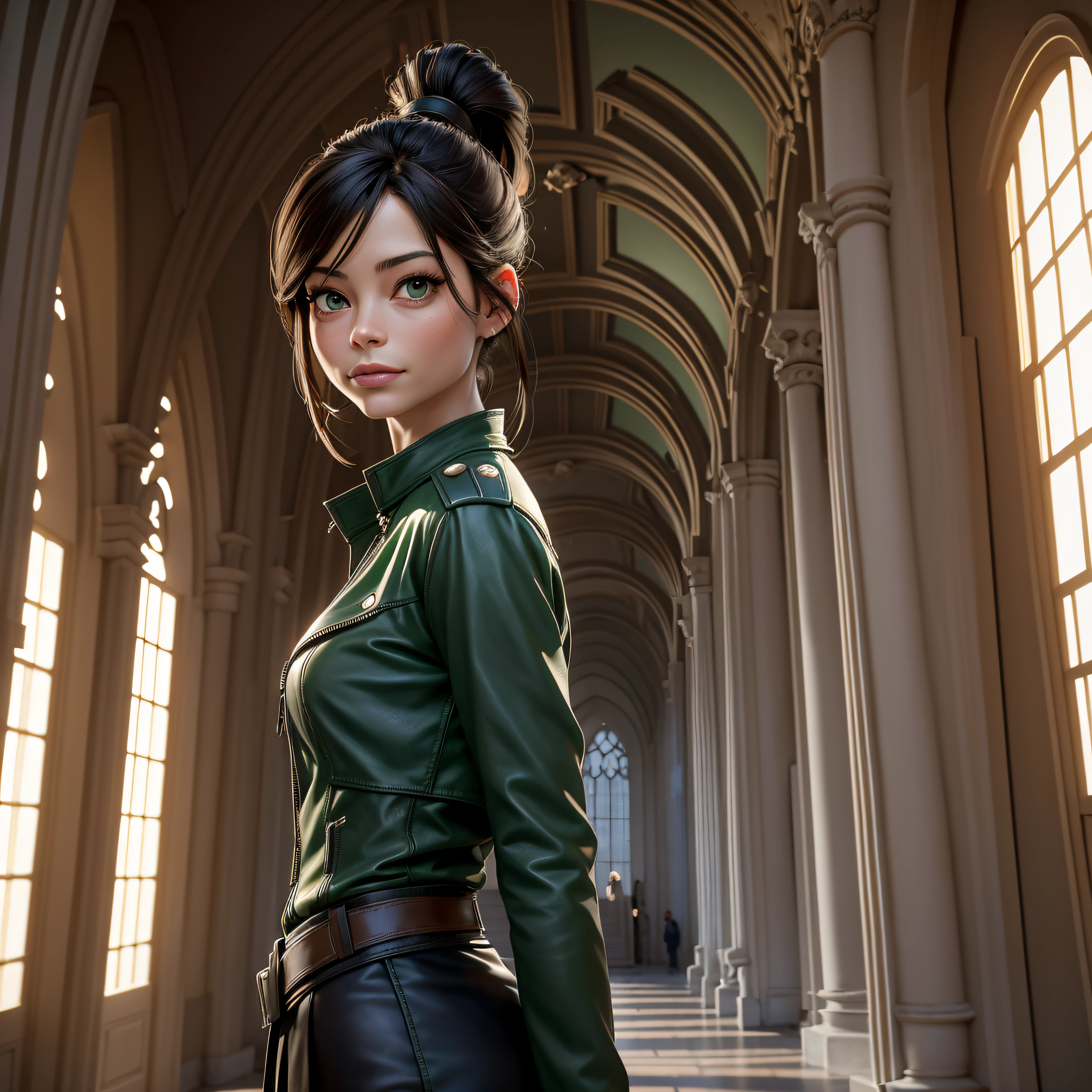 magnifique：Kristin Kreuk with ponytail and green eyes en pantalon de cuir noir et blouson de cuir vert toute seule devant un immense temple grec imposants、Regarde le spectateur. Grand espace et atmosphère solennelle, Cloître aux piliers en pierre：Le cloître représentant les piliers de pierre entourant le Temple d'Arès, dieu de la Guerre.