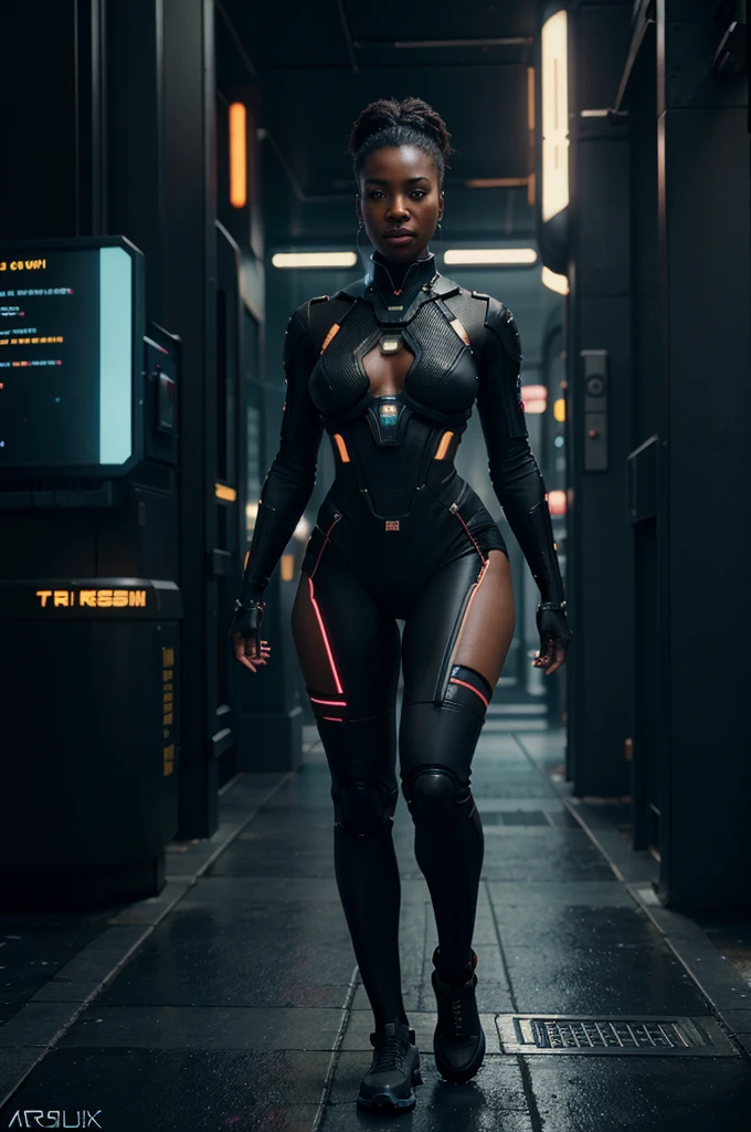 black woman walks curiously，science fiction style ,A highly detailed,  digital, circuit board, energy lines and nodes, advanced, high-tech, cyberpunk,  unreal engine 5, keyshot, octane, artstation trending, ultra high detail, ultra realistic, cinematic, 8 k,  tilt shift, depth of field