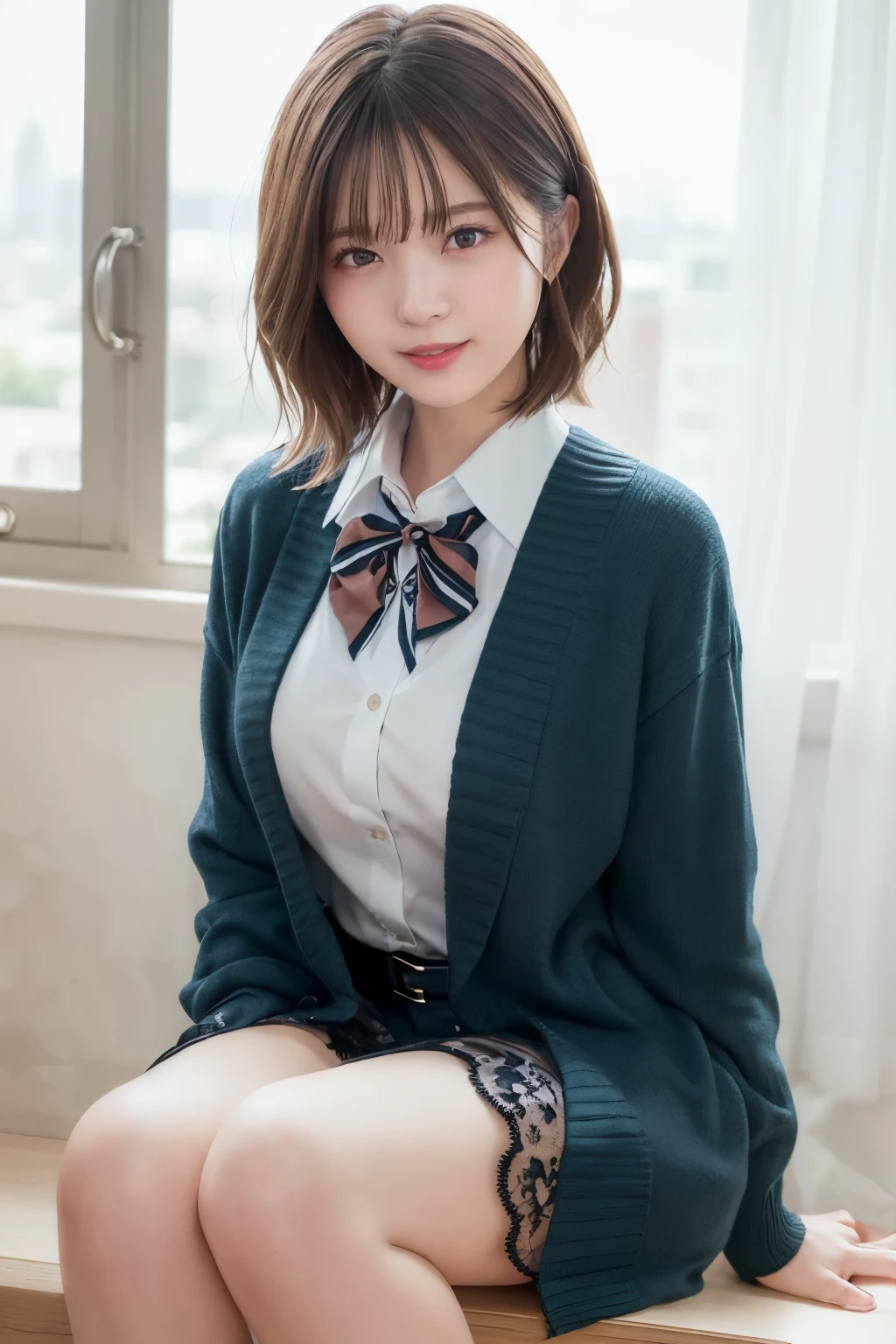 (RAW photos, highest quality), (Realistic, Photorealistic: 1.3), masterpiece, very delicate and beautiful, very elaborate, CG, Unity, 2K wallpapers, wonderful, fine, bright smile, very elaborate CG Unity 8K wallpapers, huge file size, ultra high definition, high resolution, absurdity, soft light, ((Short hair: 1.3), short bang, Silver hair, floating hair novafrog style), beautiful girl in detail, fine fingers, very fine eyes and face, beautiful nose in detail, beautiful eyes in detail, long eyelashes, shining light on face, looking at the viewer, (with mouth closed: 1.2) 1 girl, cute, young, mature face, (full body: 1.3) realistic face, realistic body, slender beautiful thighs, ( ulzzang-6500-v1. 1:0.8) Business suits, cross lace clothes, collared shirts, open clothes, office, open cardigan, black thighs,